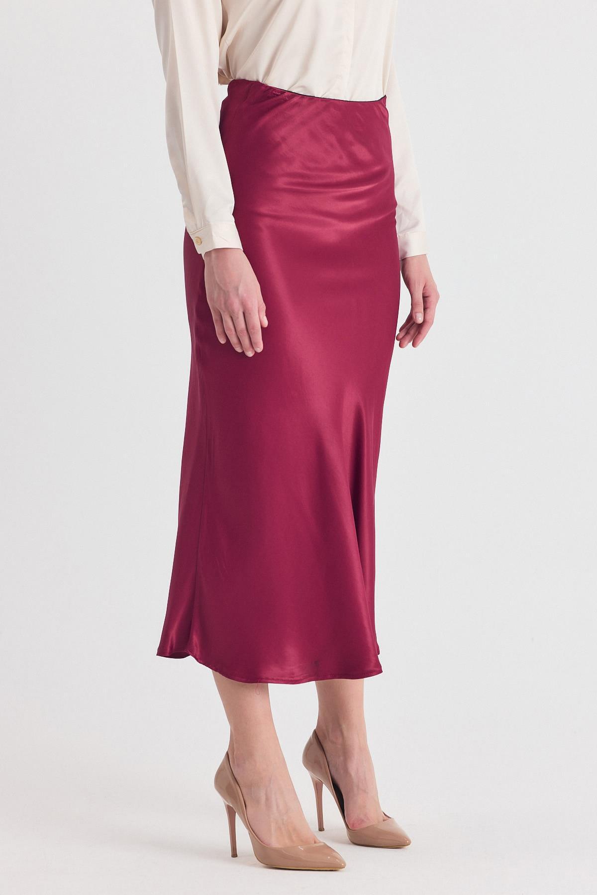 Bordo Beli Lastikli Saten Midi Etek 9427 - 2
