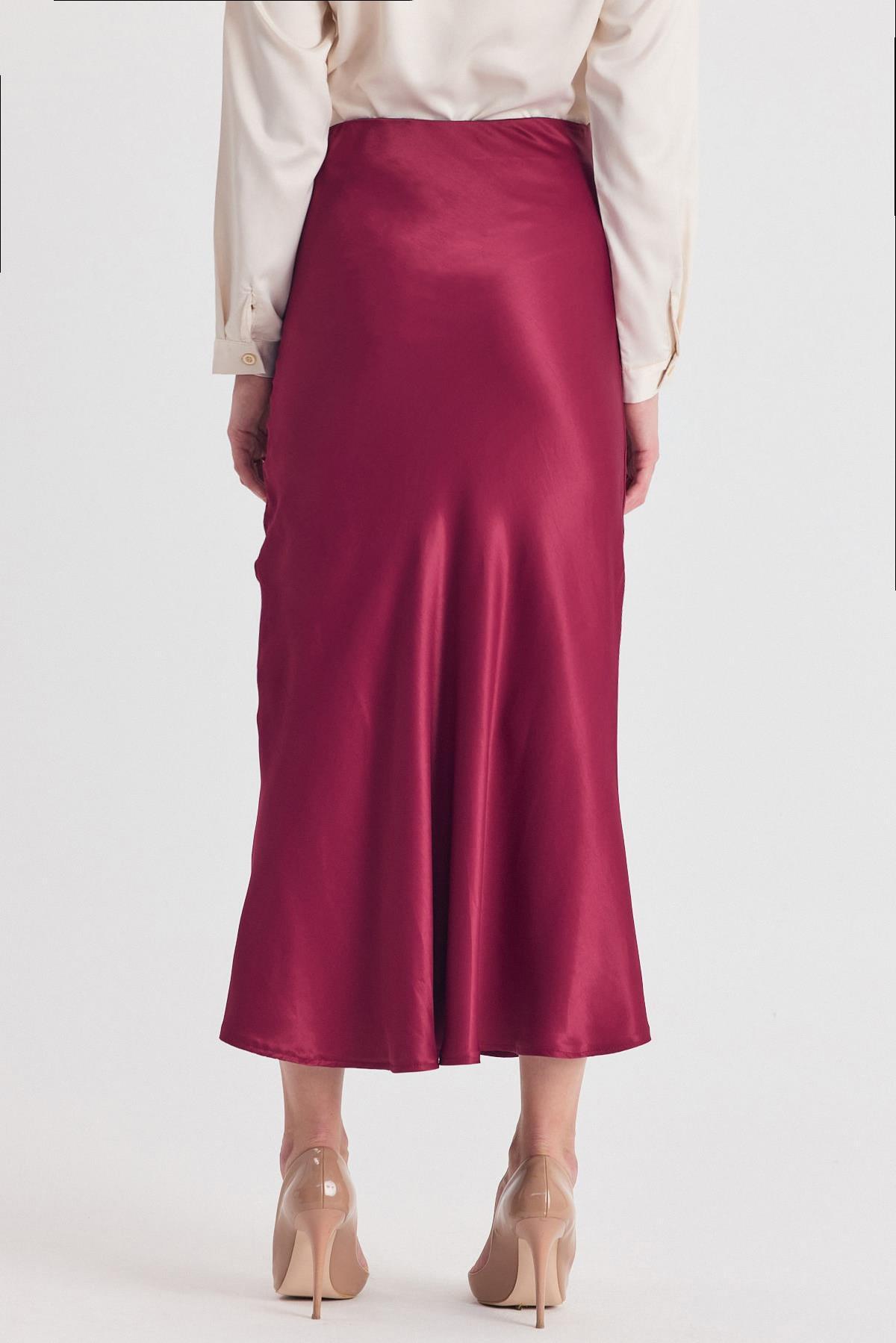Bordo Beli Lastikli Saten Midi Etek 9427 - 5