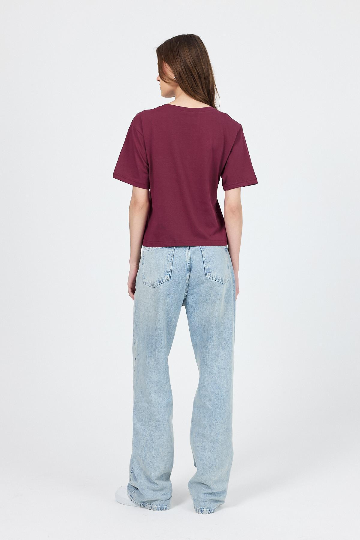 Bordo Bisiklet Yaka %100 Pamuk Relaxed Fit Tişört 2142M - 4