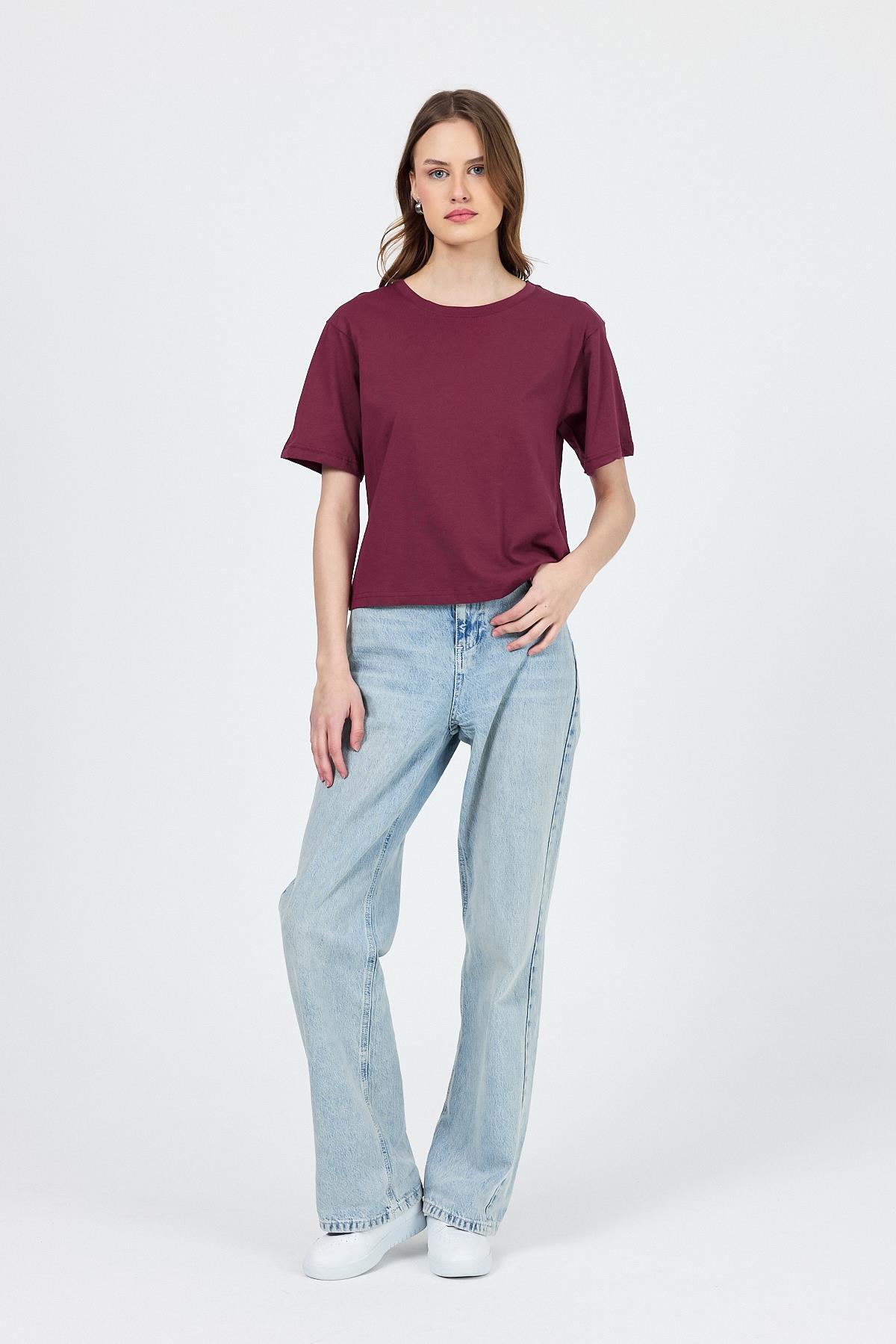 Bordo Bisiklet Yaka %100 Pamuk Relaxed Fit Tişört 2142M - 1