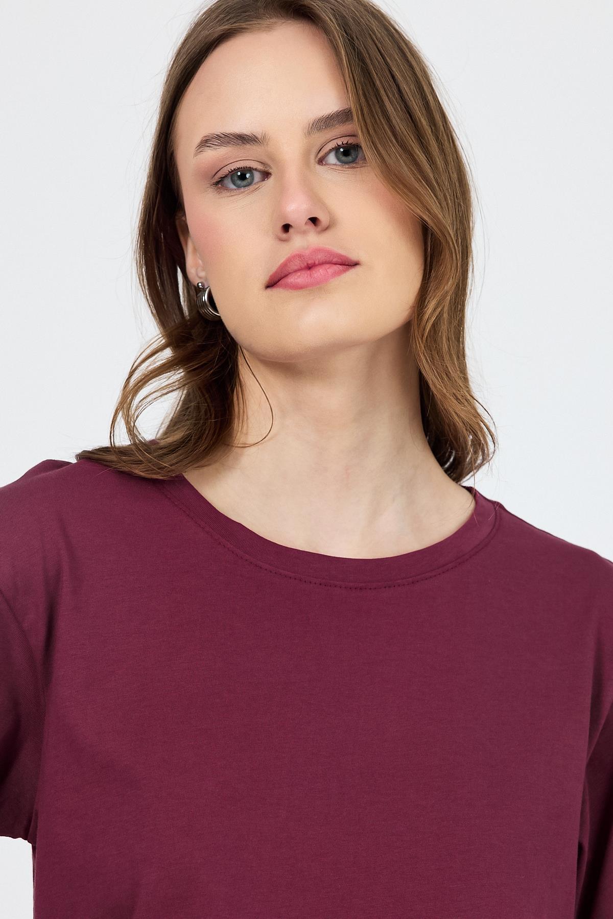 Bordo Bisiklet Yaka %100 Pamuk Relaxed Fit Tişört 2142M - 3