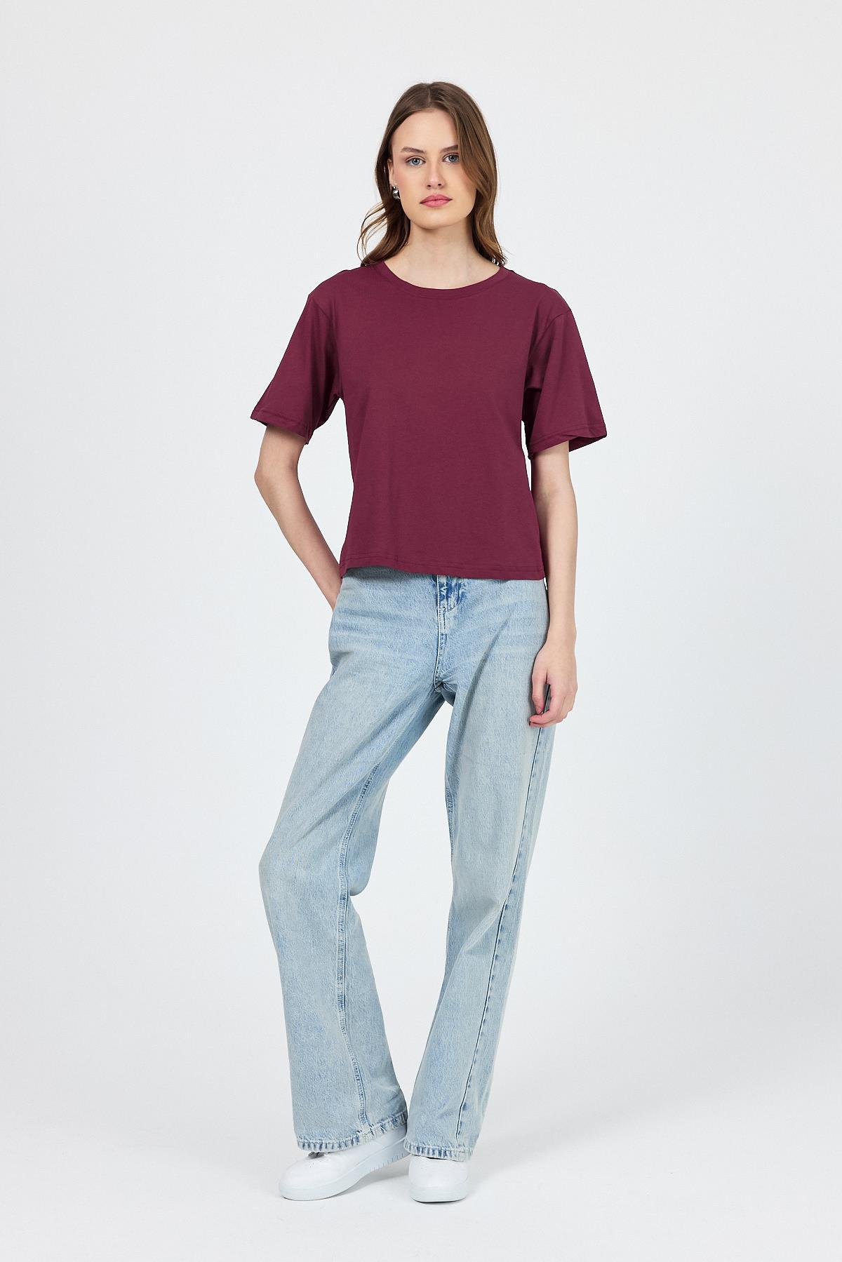 Bordo Bisiklet Yaka %100 Pamuk Relaxed Fit Tişört 2142M - 5