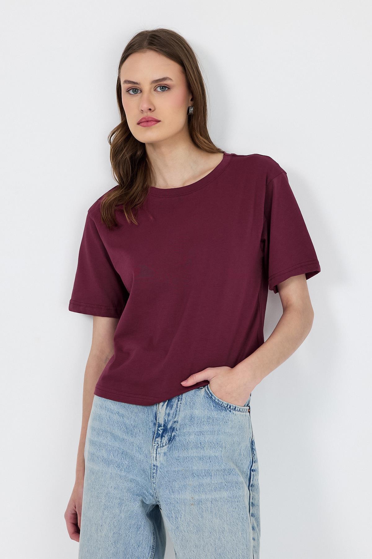 Bordo Bisiklet Yaka %100 Pamuk Relaxed Fit Tişört 2142M - 2