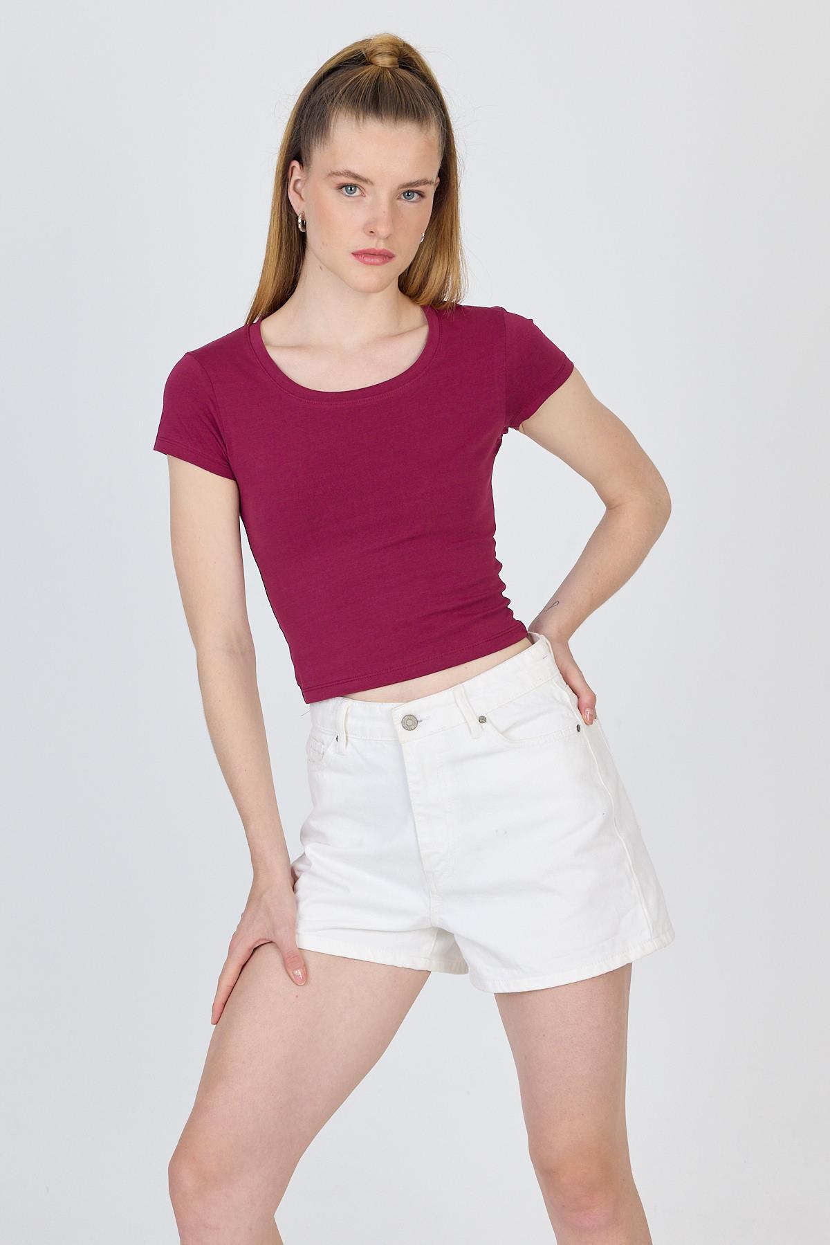 Bordo Bisiklet Yaka Basic Crop Tişört 9200M - RAYS