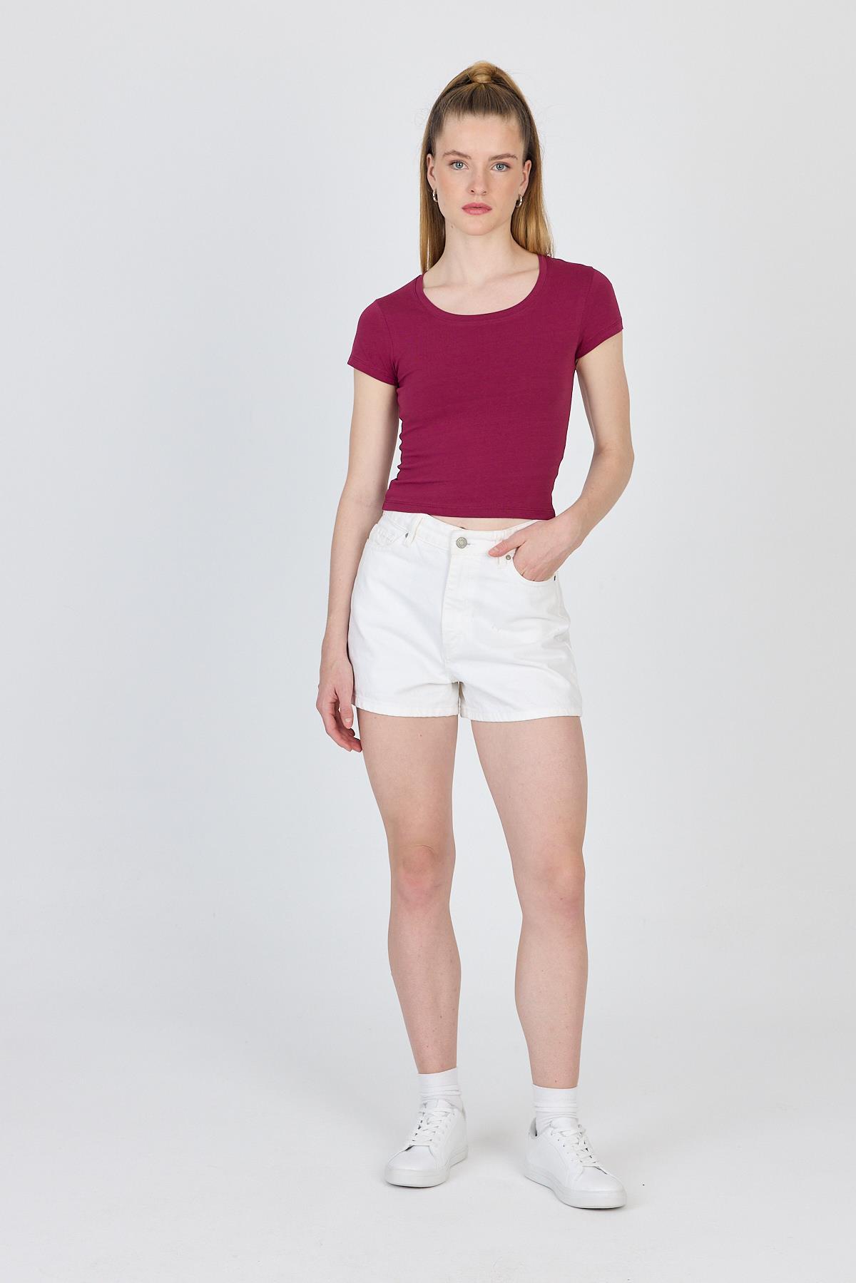 Bordo Bisiklet Yaka Basic Crop Tişört 9200M - RAYS