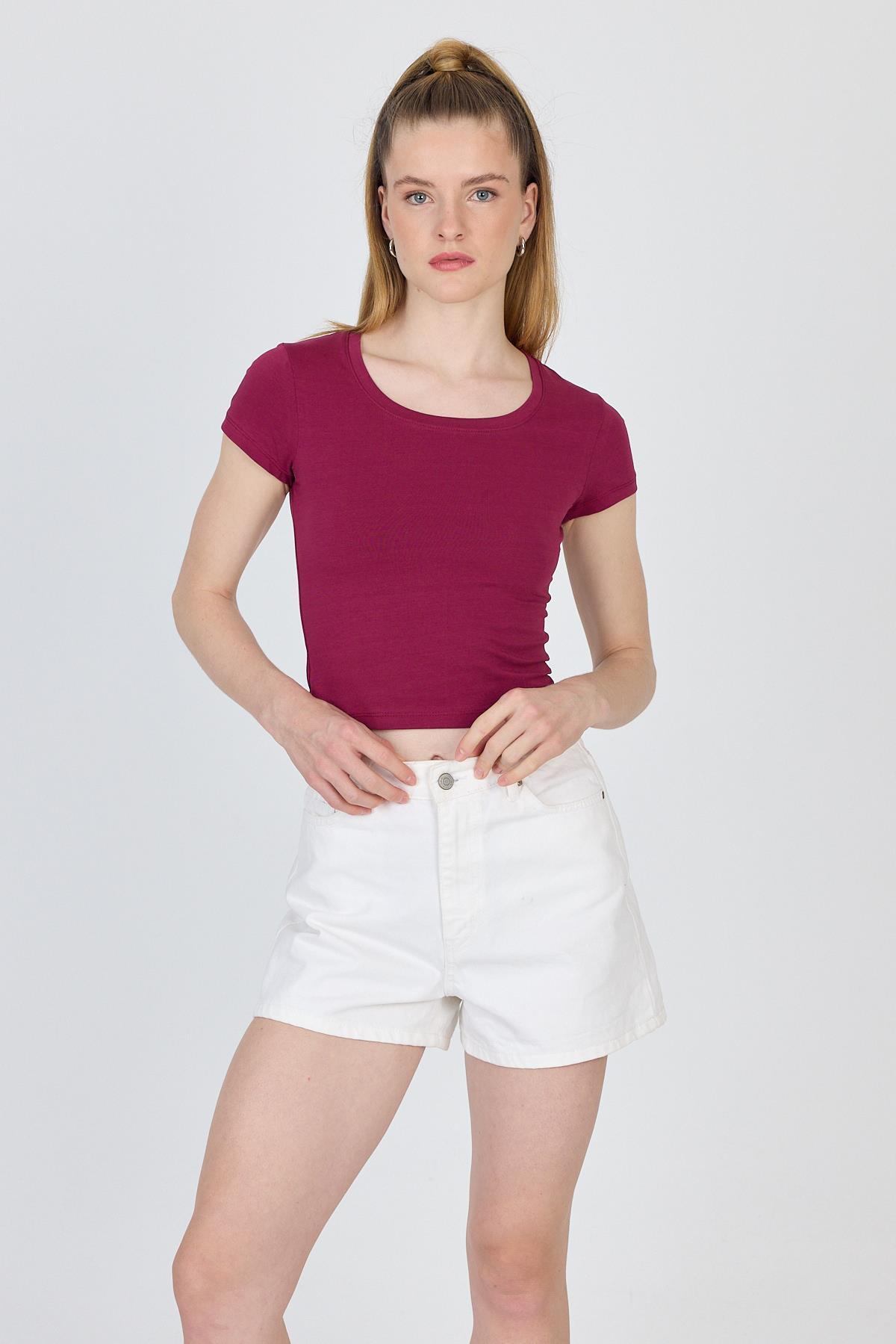 Bordo Bisiklet Yaka Basic Crop Tişört 9200M - RAYS