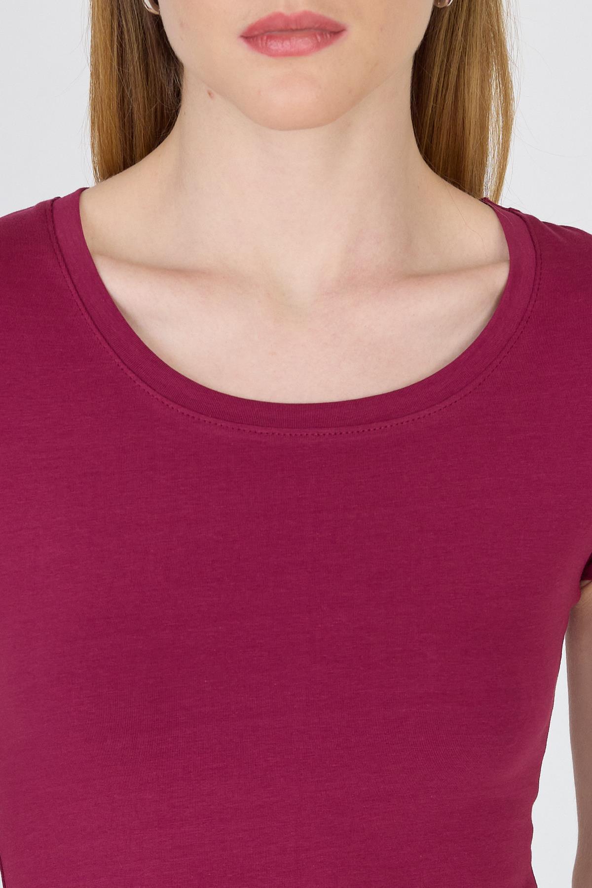 Bordo Bisiklet Yaka Basic Crop Tişört 9200M - 4