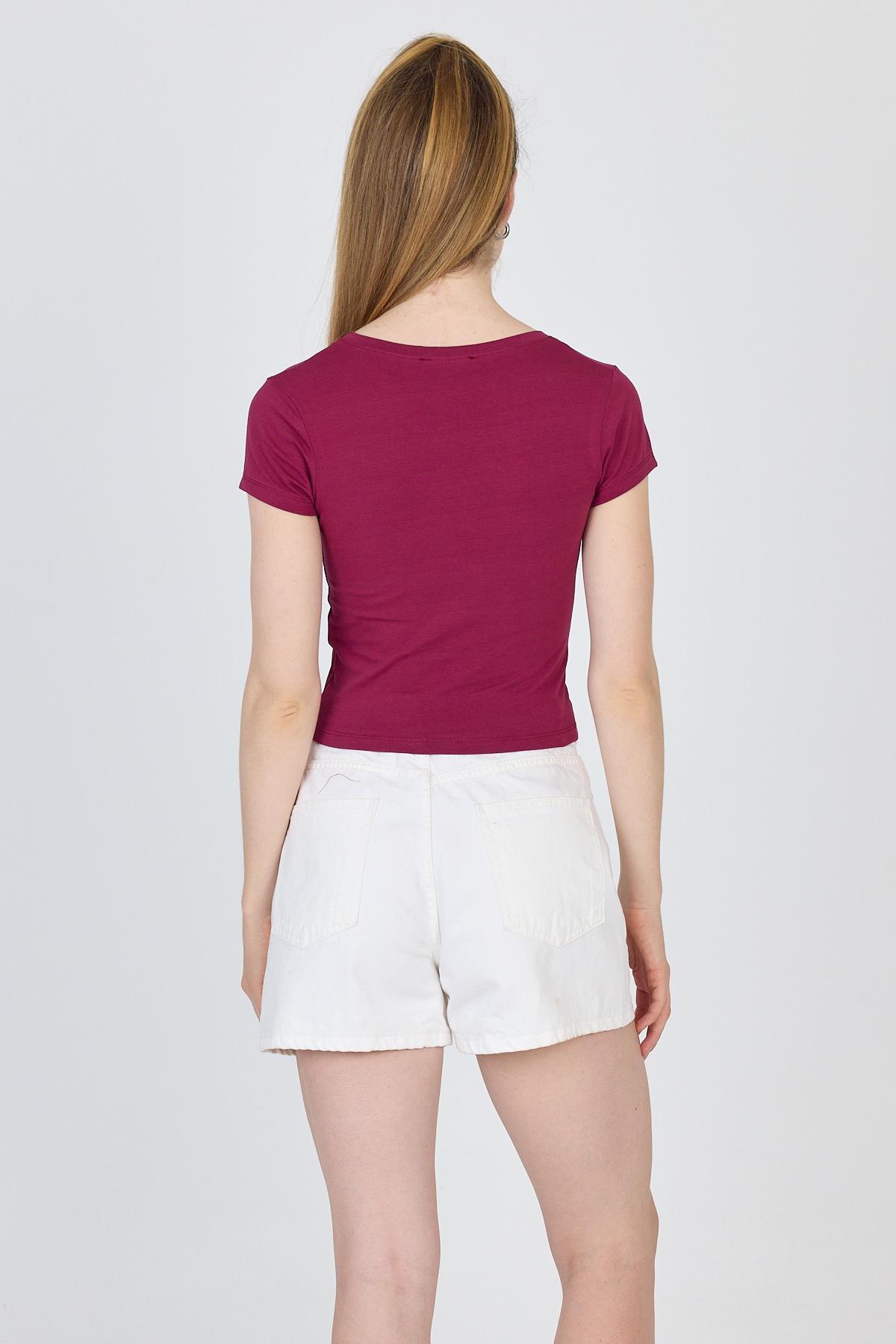 Bordo Bisiklet Yaka Basic Crop Tişört 9200M - 5
