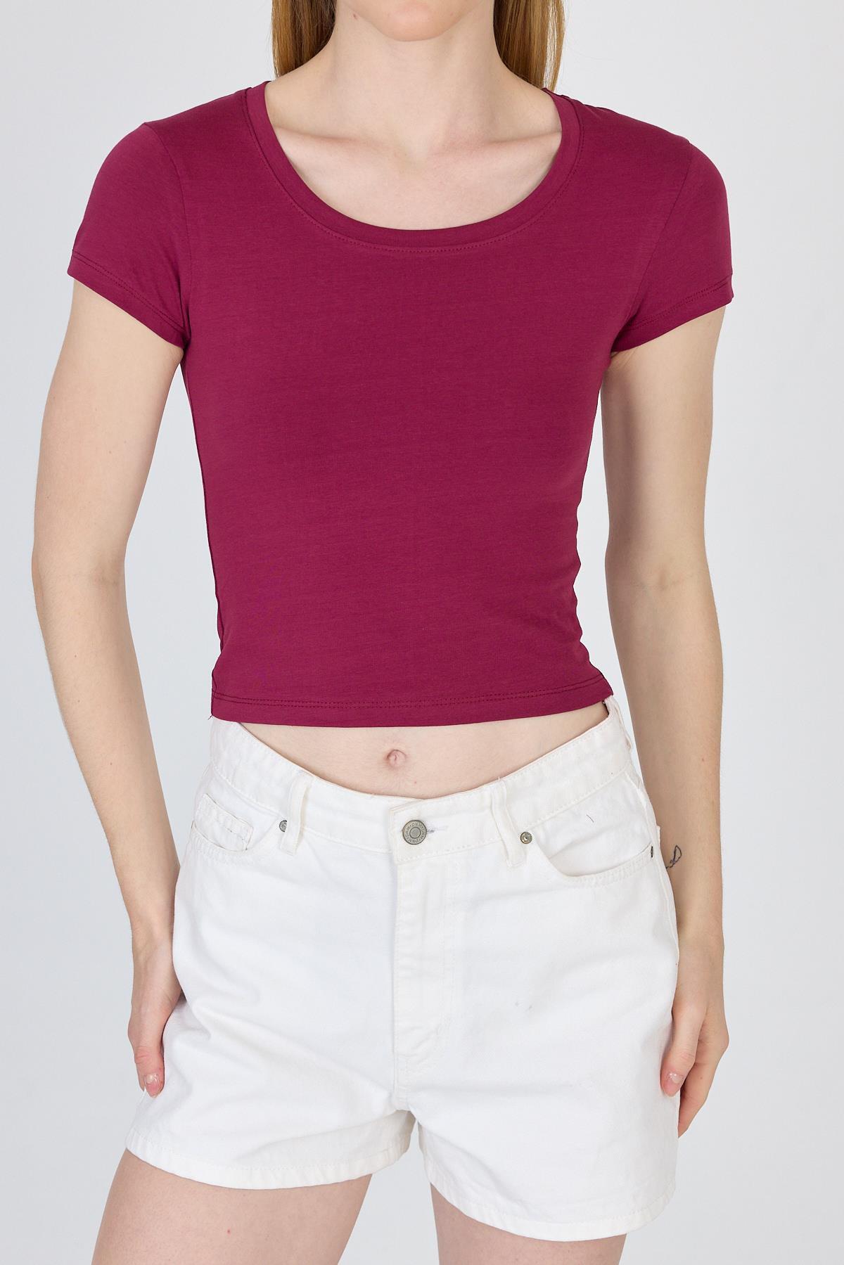 Bordo Bisiklet Yaka Basic Crop Tişört 9200M - 6
