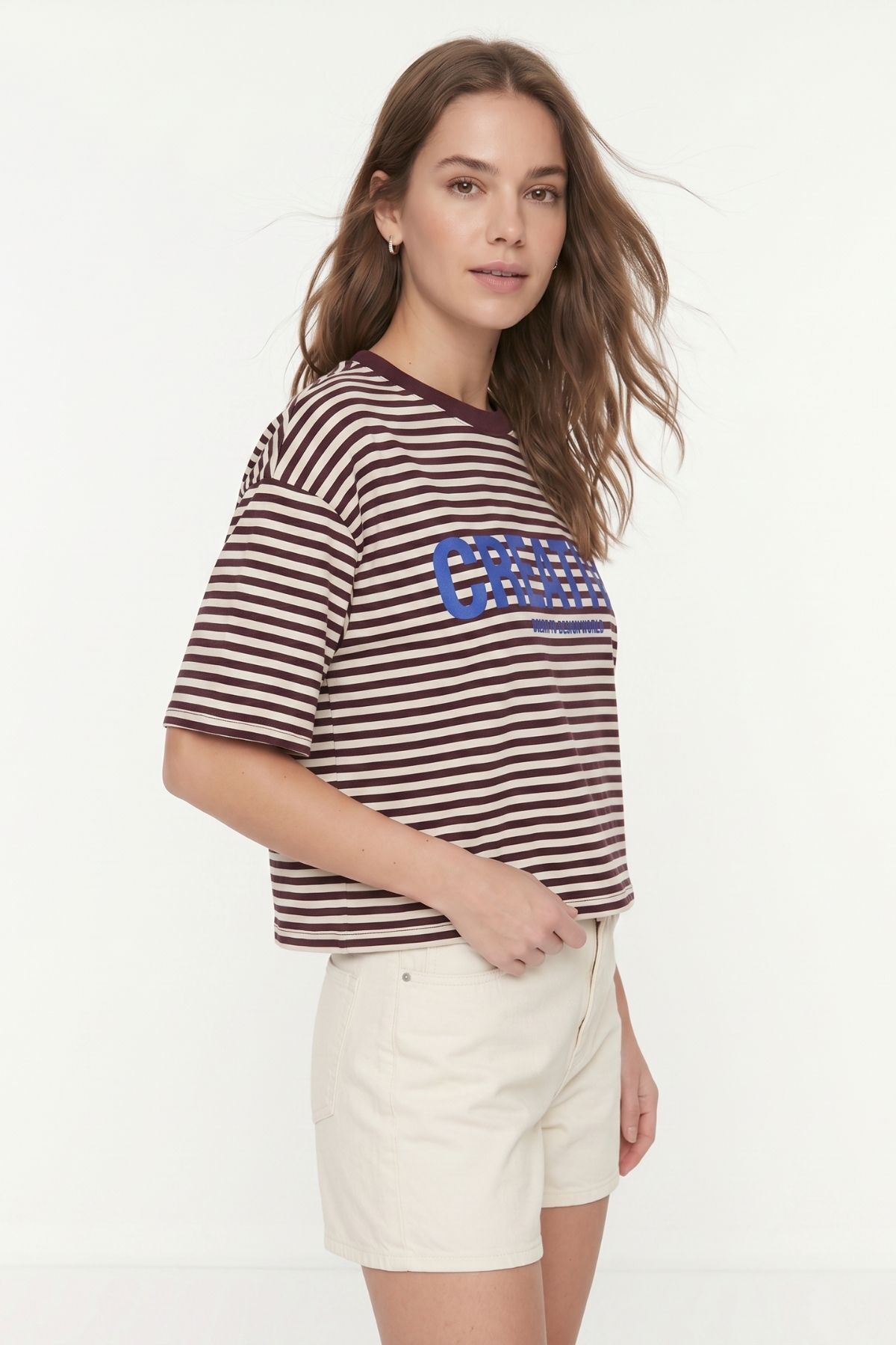 Bordo Bisiklet Yaka Kısa Kol Çizgili Crop Tişört 8325 - 1