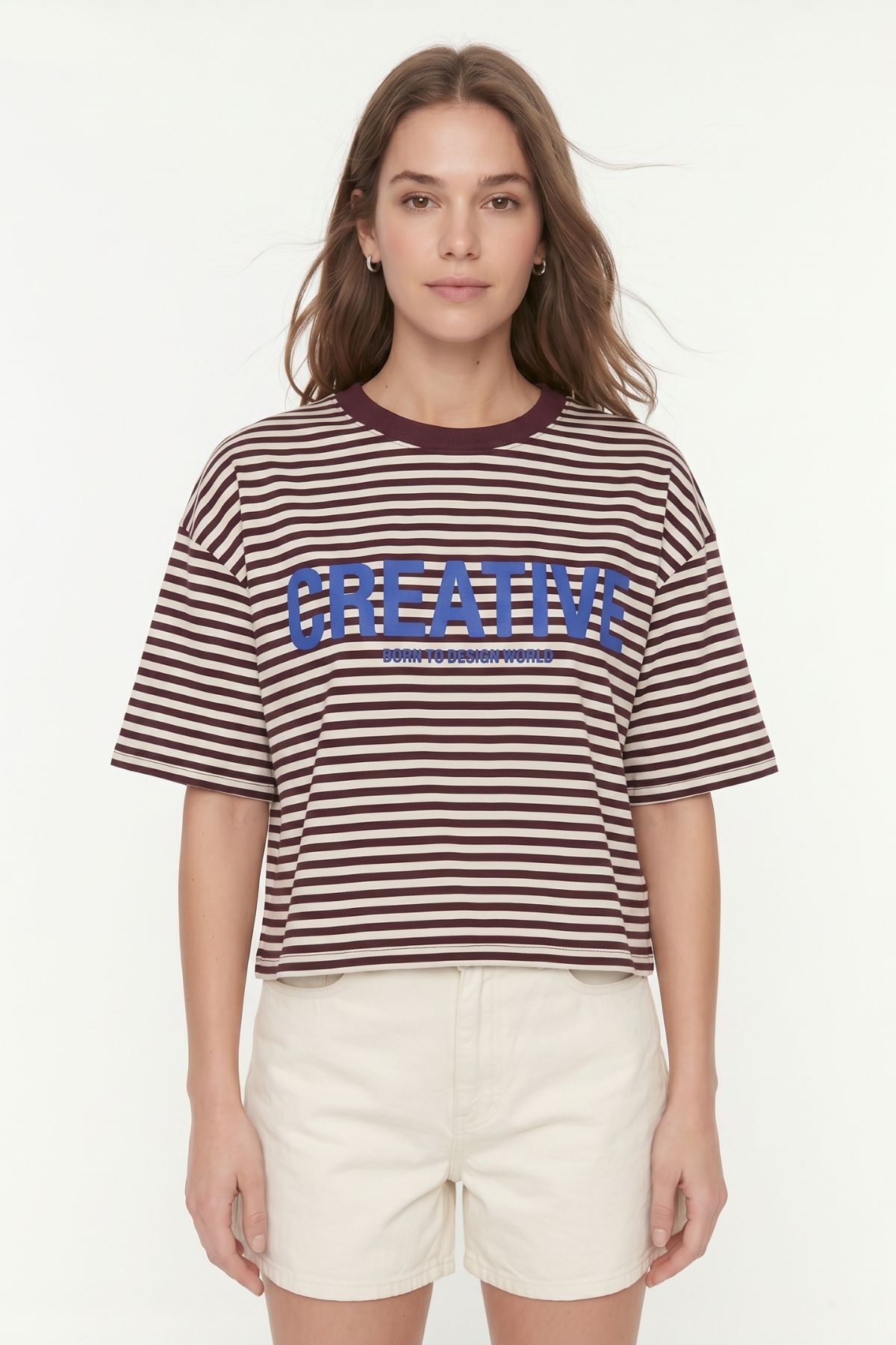 Bordo Bisiklet Yaka Kısa Kol Çizgili Crop Tişört 8325 - 2