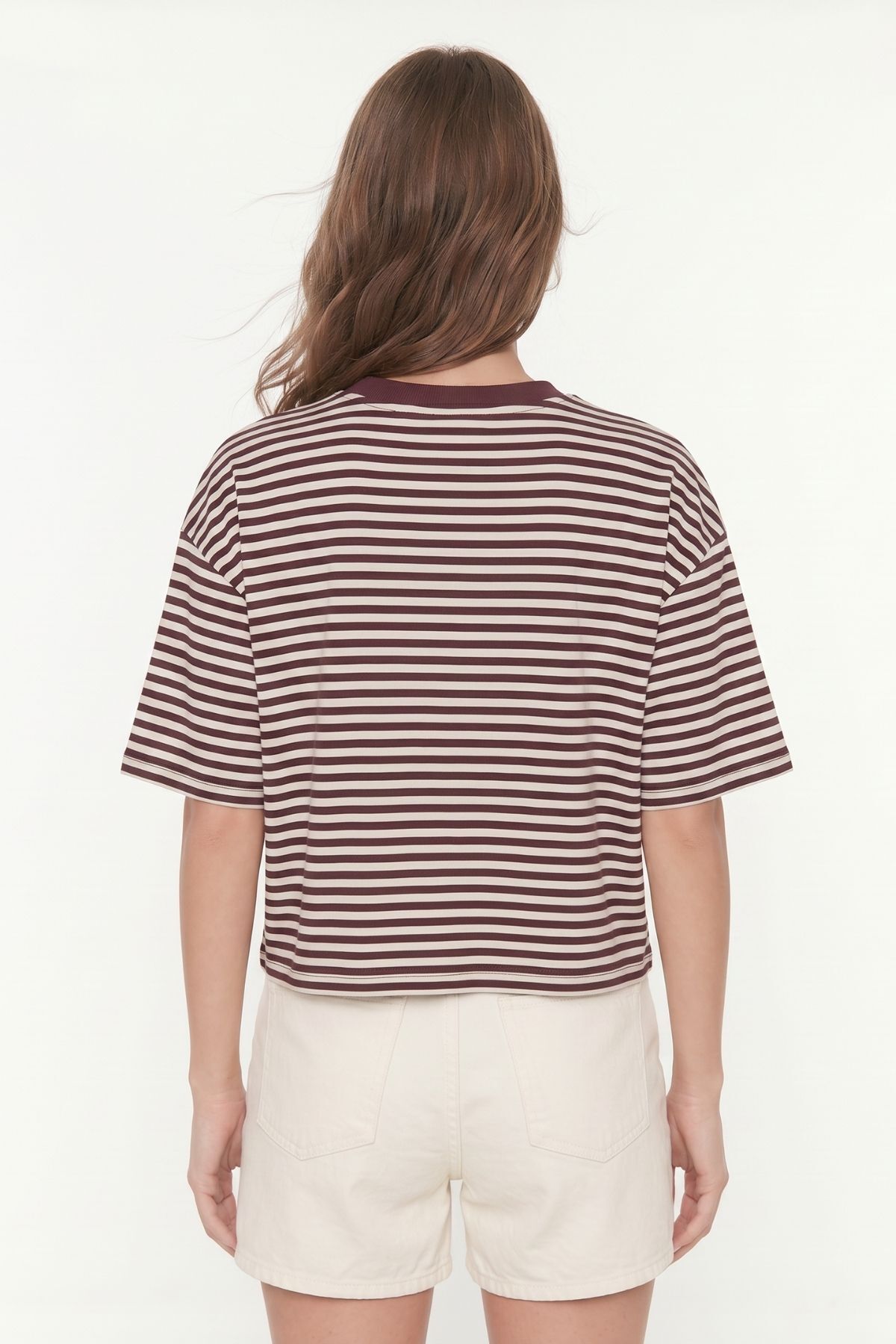 Bordo Bisiklet Yaka Kısa Kol Çizgili Crop Tişört 8325 - 3