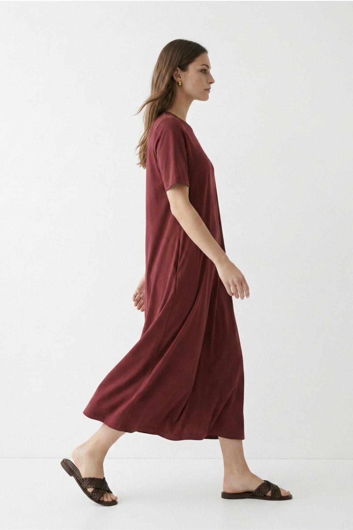 Bisiklet Yaka Kısa Kol Elbise 3657 Bordo - RAYS