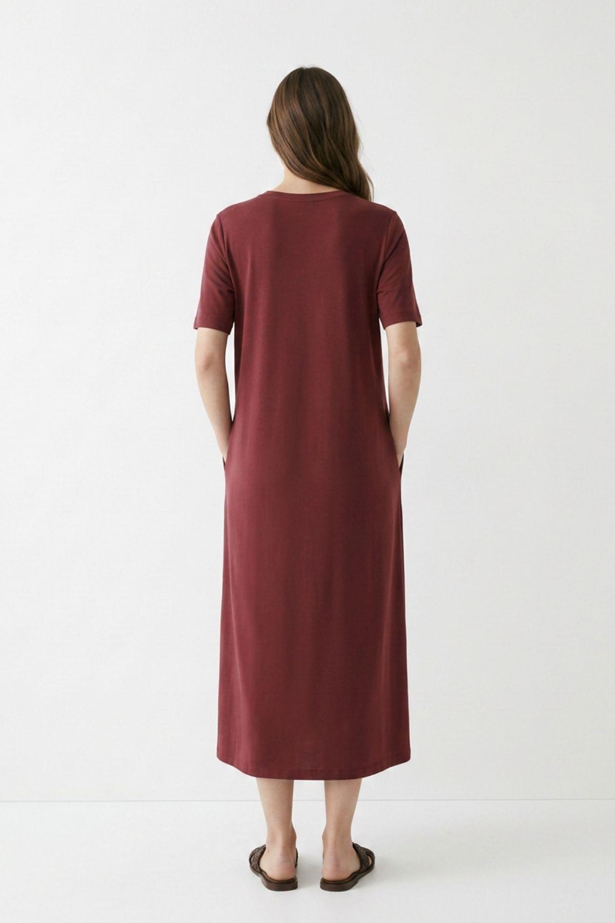 Bisiklet Yaka Kısa Kol Elbise 3657 Bordo - RAYS