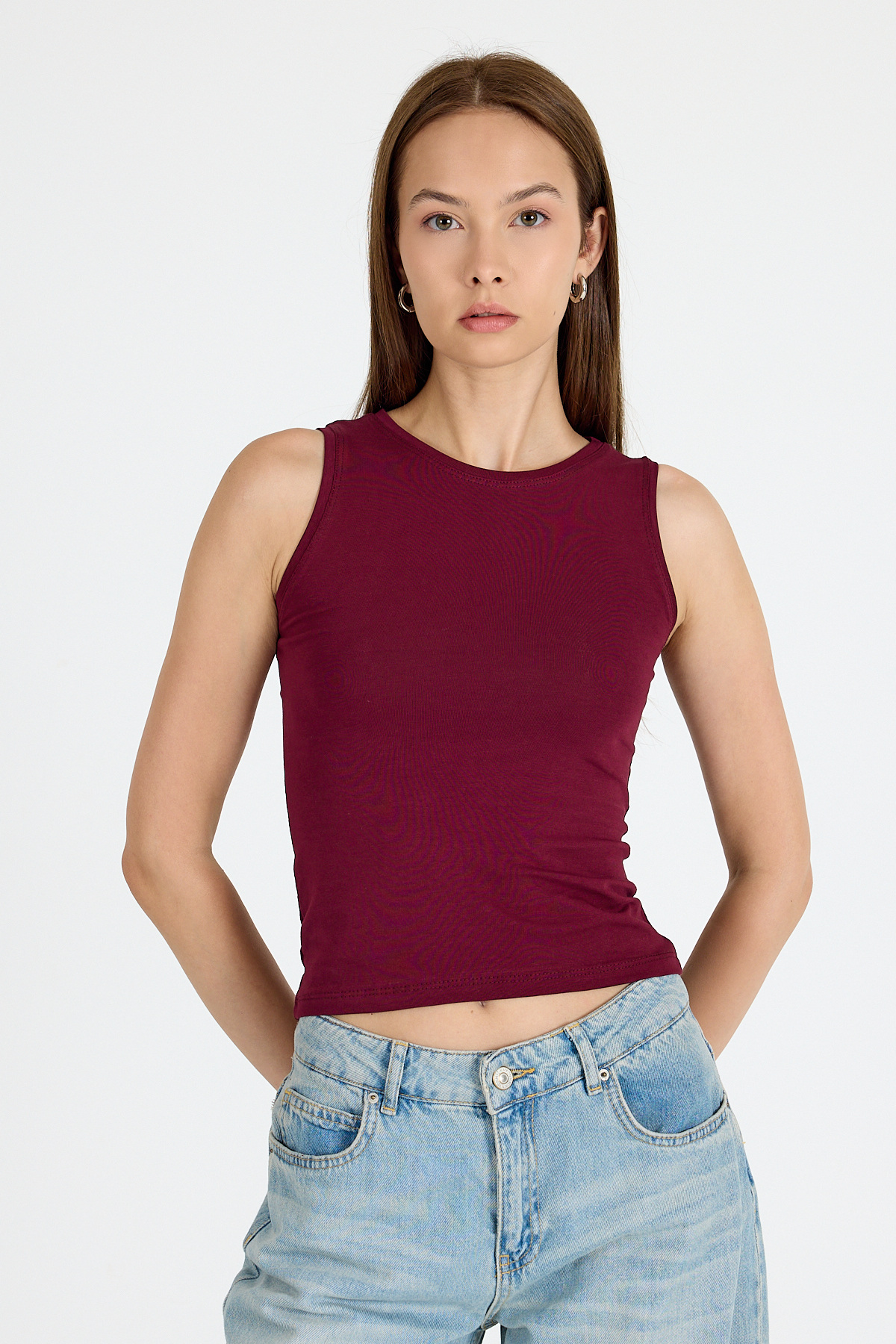 Bordo Bisiklet Yaka Kolsuz Slim Fit Atlet 1663 