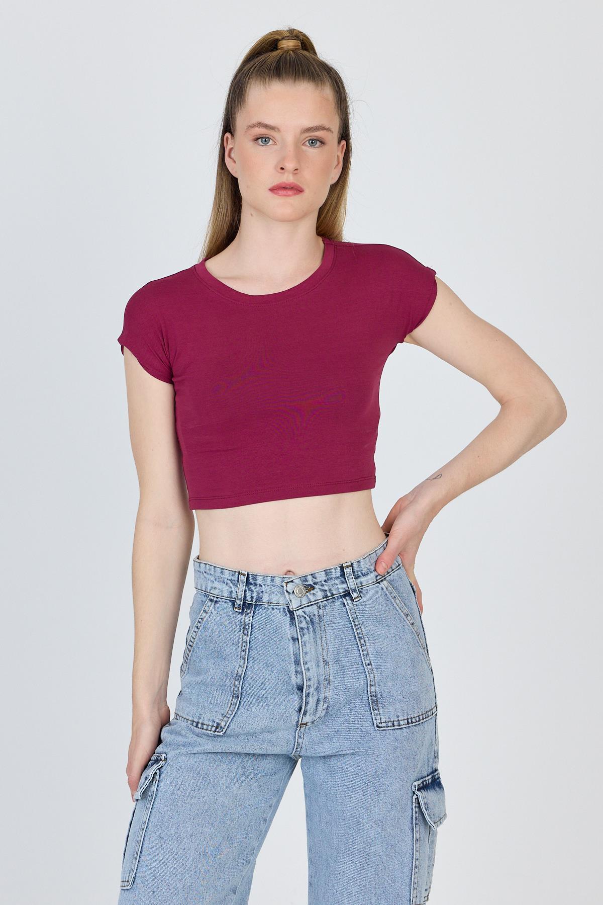 Bordo Bisiklet Yaka Pamuklu Slim Fit Crop Tişört 9199M - 1