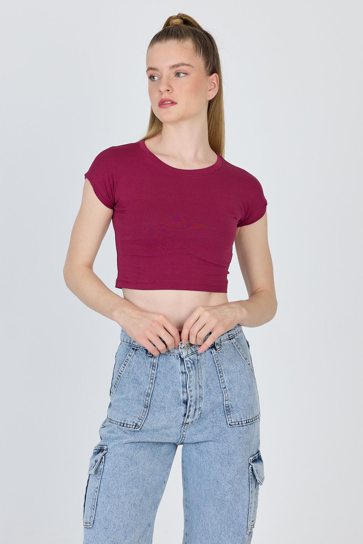 Bordo Bisiklet Yaka Pamuklu Slim Fit Crop Tişört 9199M - 2