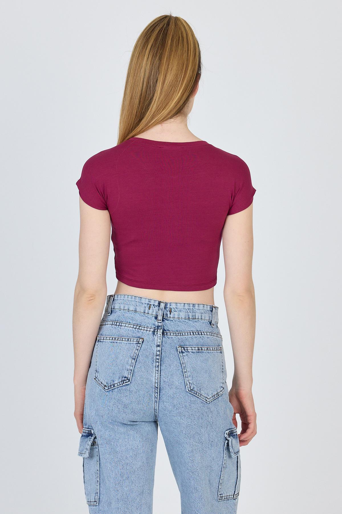 Bordo Bisiklet Yaka Pamuklu Slim Fit Crop Tişört 9199M - 5