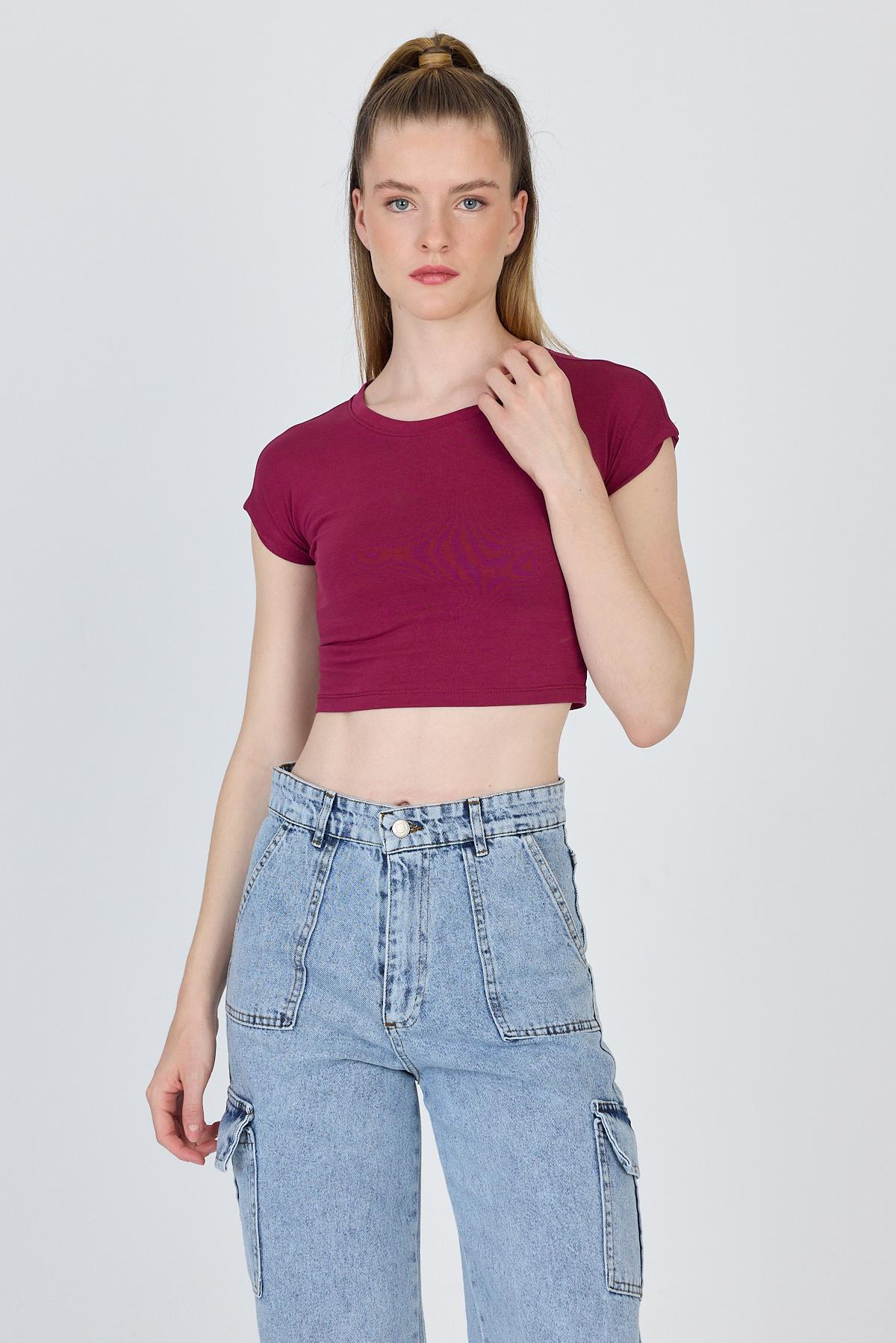 Bordo Bisiklet Yaka Pamuklu Slim Fit Crop Tişört 9199M - 4