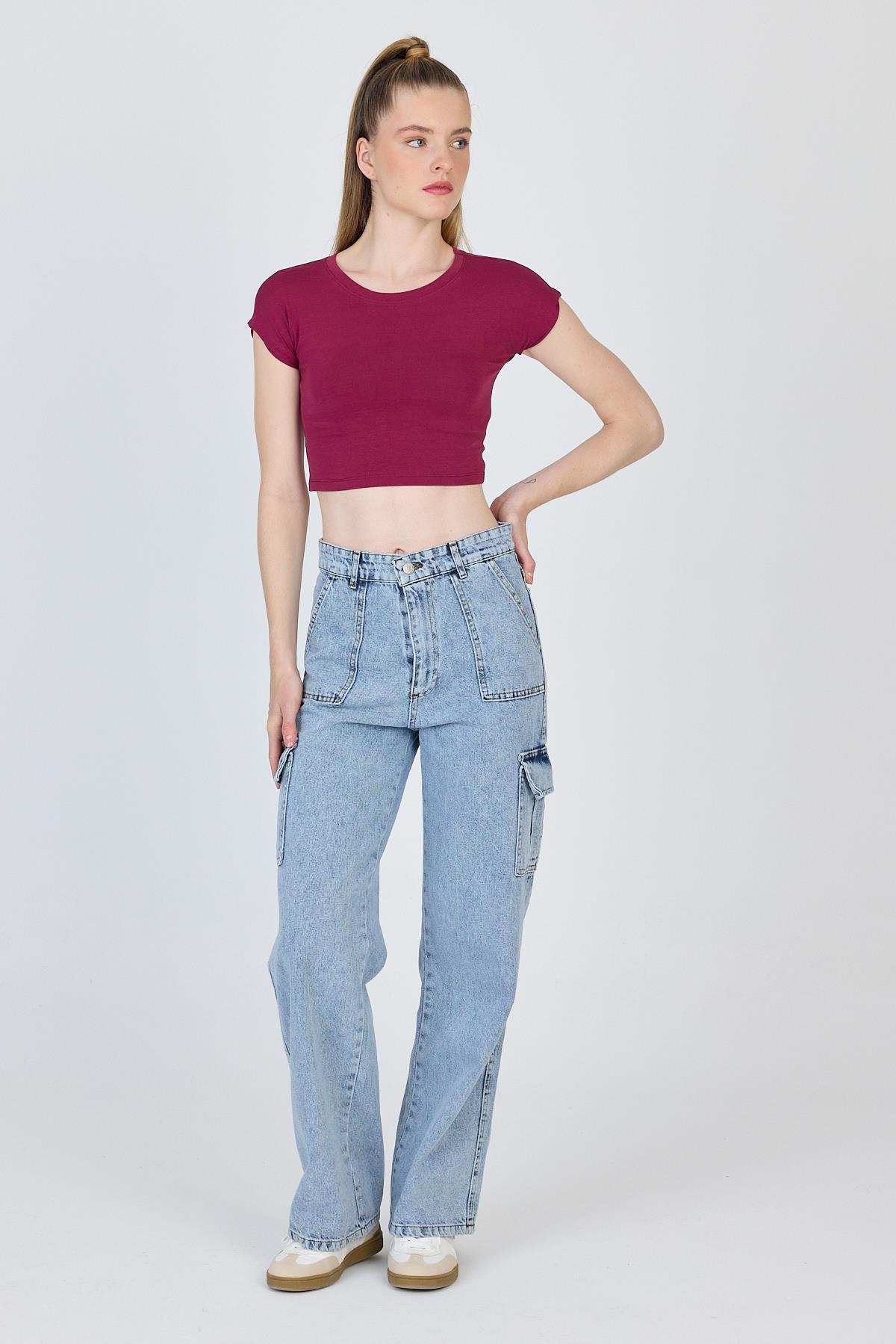 Bordo Bisiklet Yaka Pamuklu Slim Fit Crop Tişört 9199M - 3
