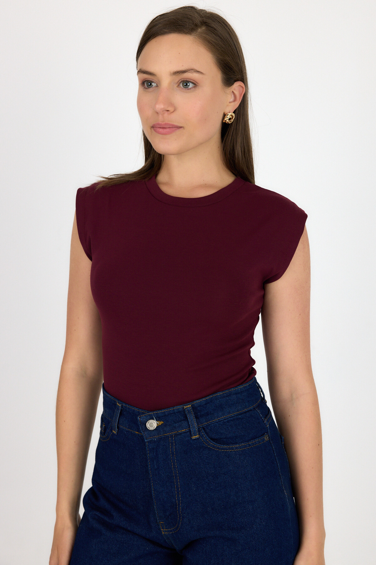 Bordo Bisiklet Yaka Pamuklu Slim Fit Tişört 3050 - RAYS