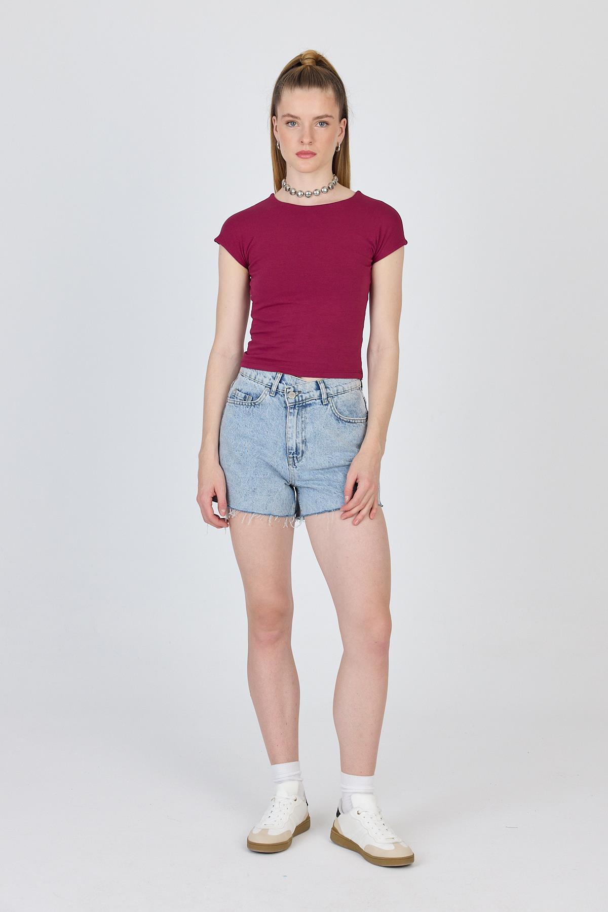 Bordo Bisiklet Yaka Pamuklu Slim Fit Tişört 9190 - 2