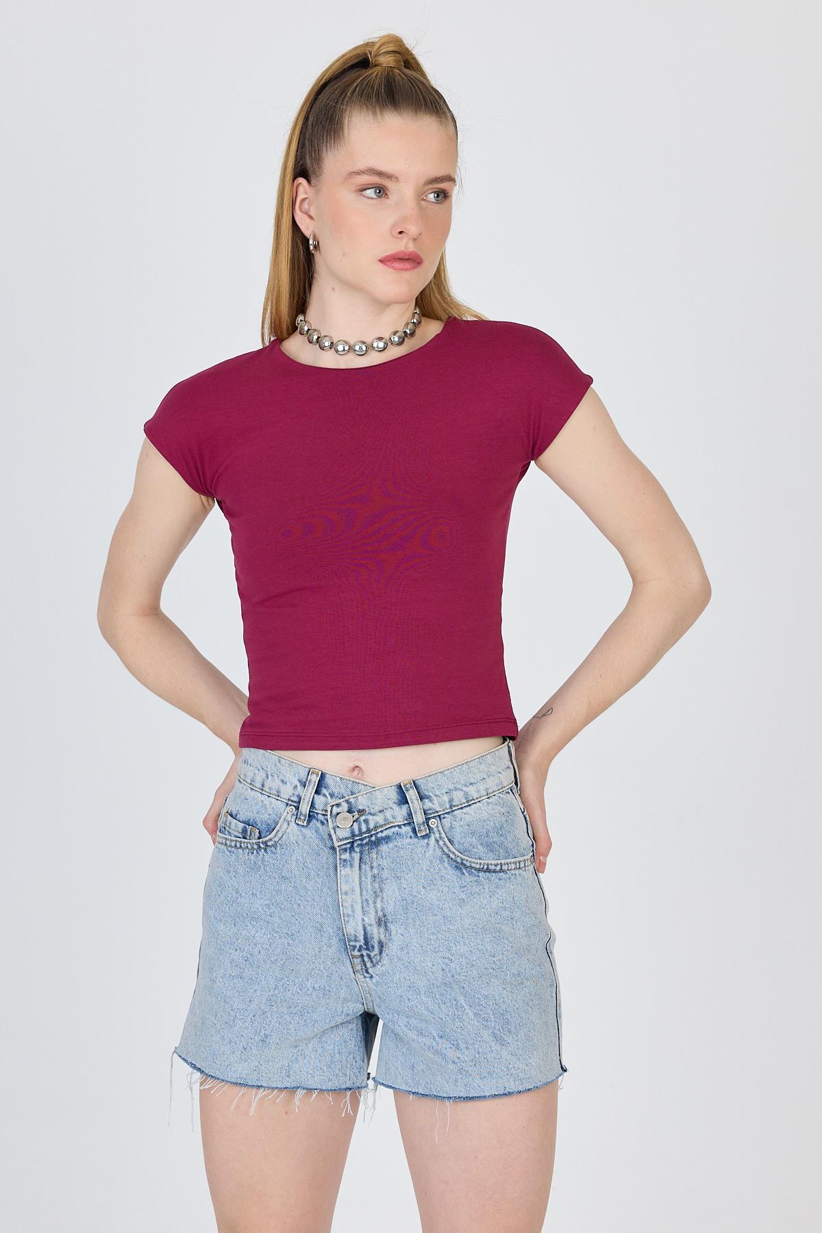 Bordo Bisiklet Yaka Pamuklu Slim Fit Tişört 9190 - 3