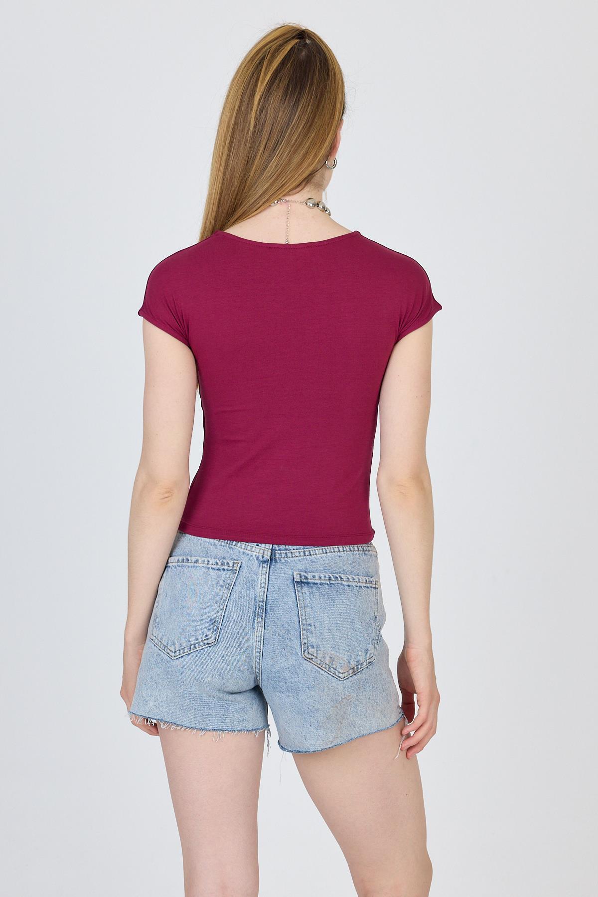 Bordo Bisiklet Yaka Pamuklu Slim Fit Tişört 9190 - 5