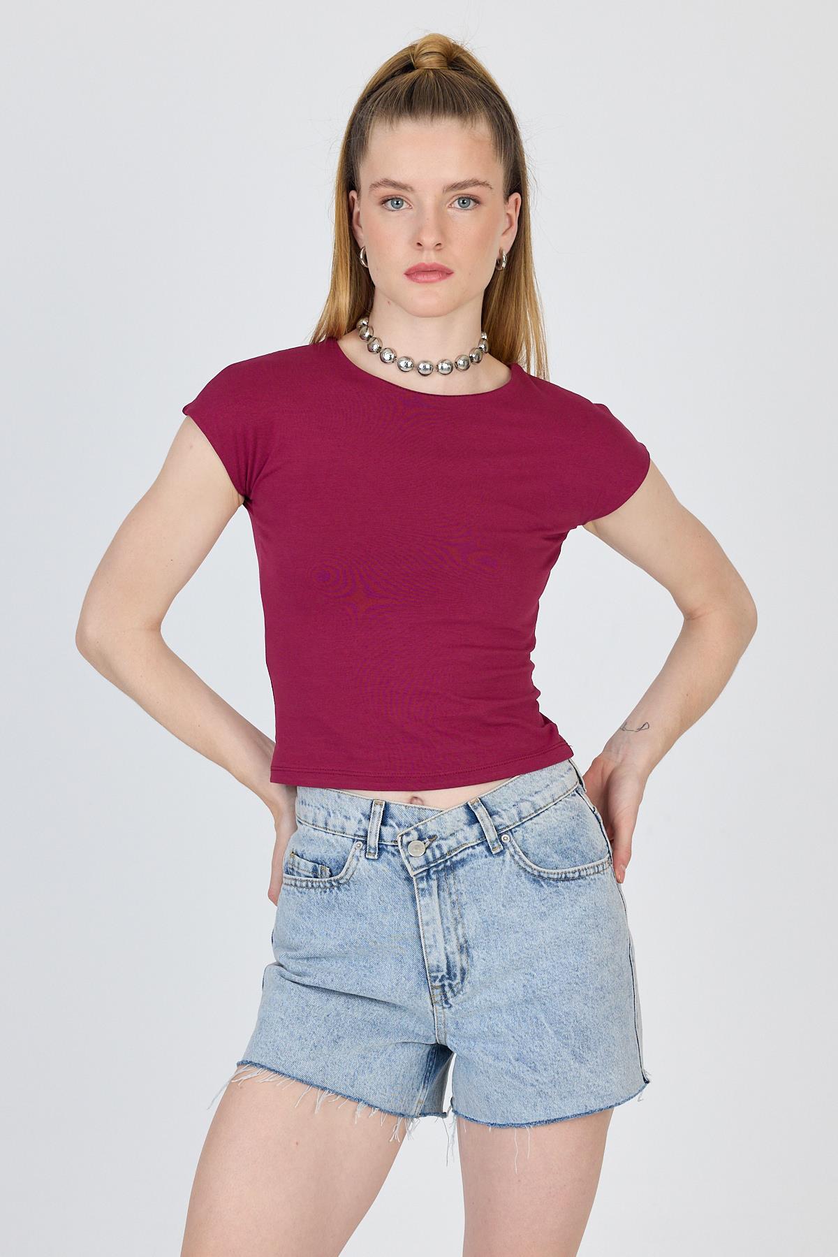 Bordo Bisiklet Yaka Pamuklu Slim Fit Tişört 9190 - 1