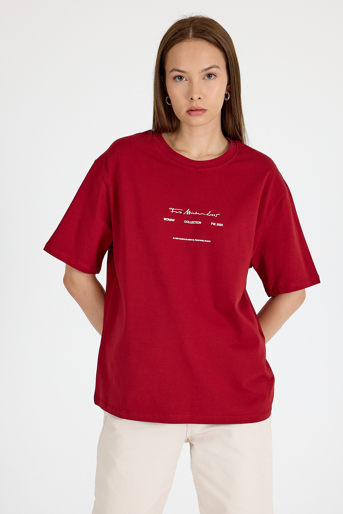 Bordo Bisiklet Yaka Yazı Baskılı Oversize Tişört 5832 - 1