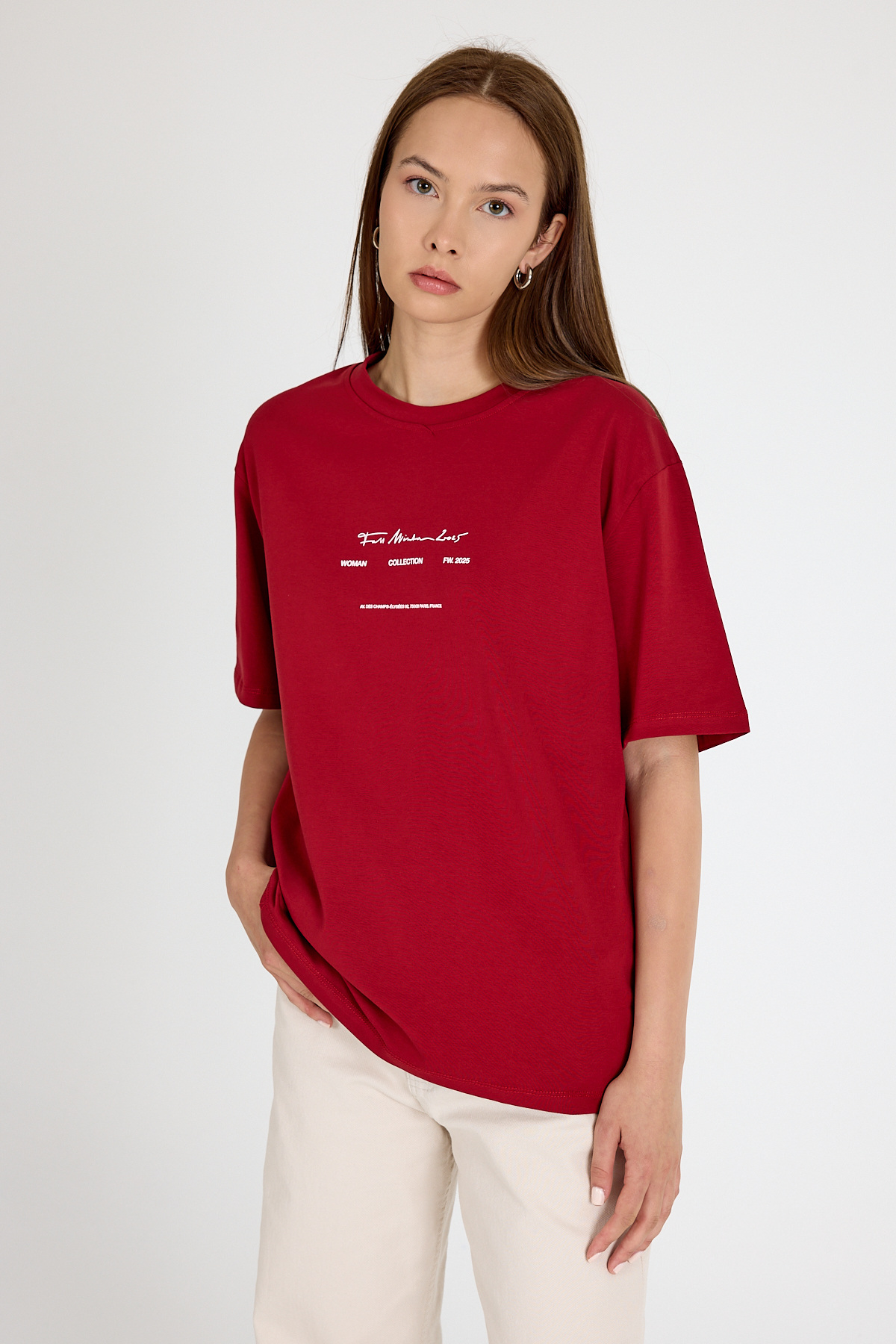 Bordo Bisiklet Yaka Yazı Baskılı Oversize Tişört 5832 - RAYS