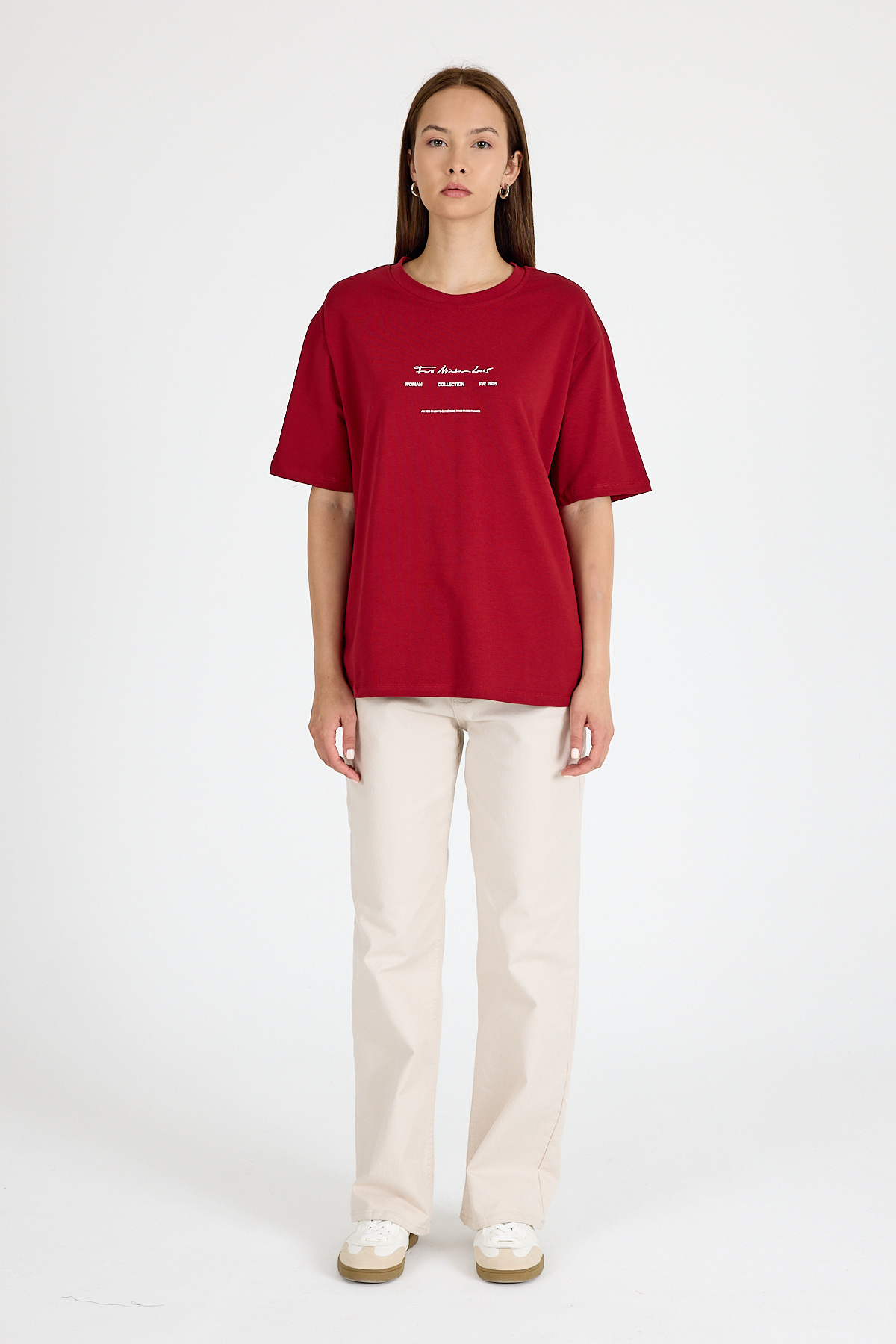 Bordo Bisiklet Yaka Yazı Baskılı Oversize Tişört 5832 - 3