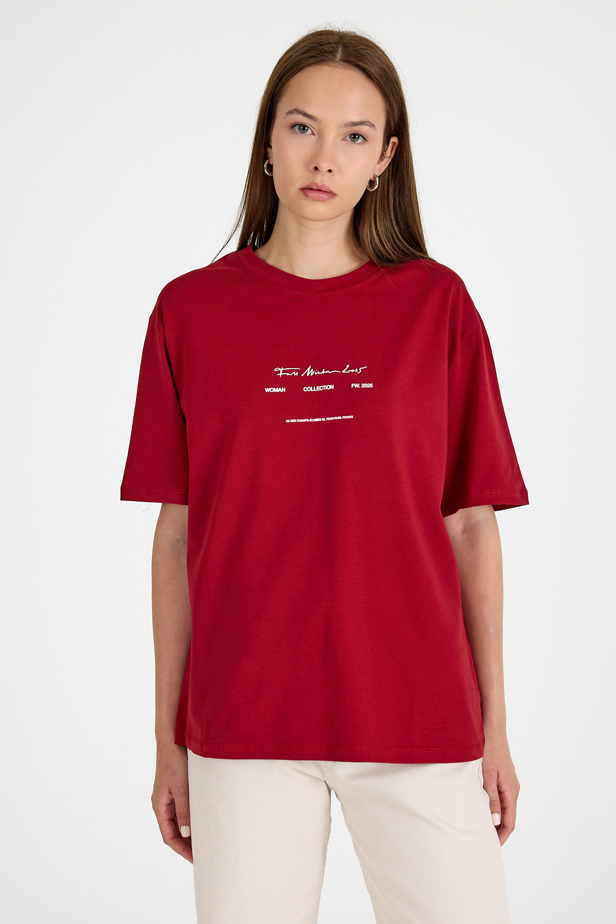 Bordo Bisiklet Yaka Yazı Baskılı Oversize Tişört 5832 - 6