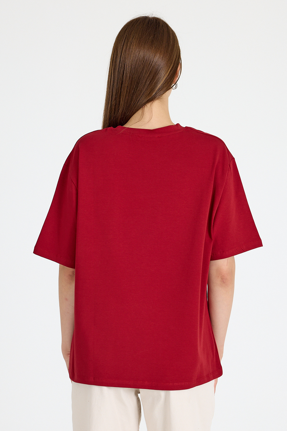 Bordo Bisiklet Yaka Yazı Baskılı Oversize Tişört 5832 - 5