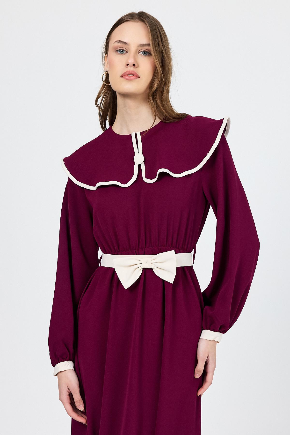 Bordo Biye Detaylı Bebe Yaka Elbise 4413A - 6