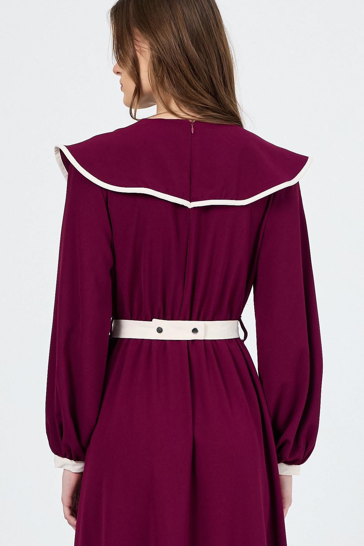 Bordo Biye Detaylı Bebe Yaka Elbise 4413A - 7