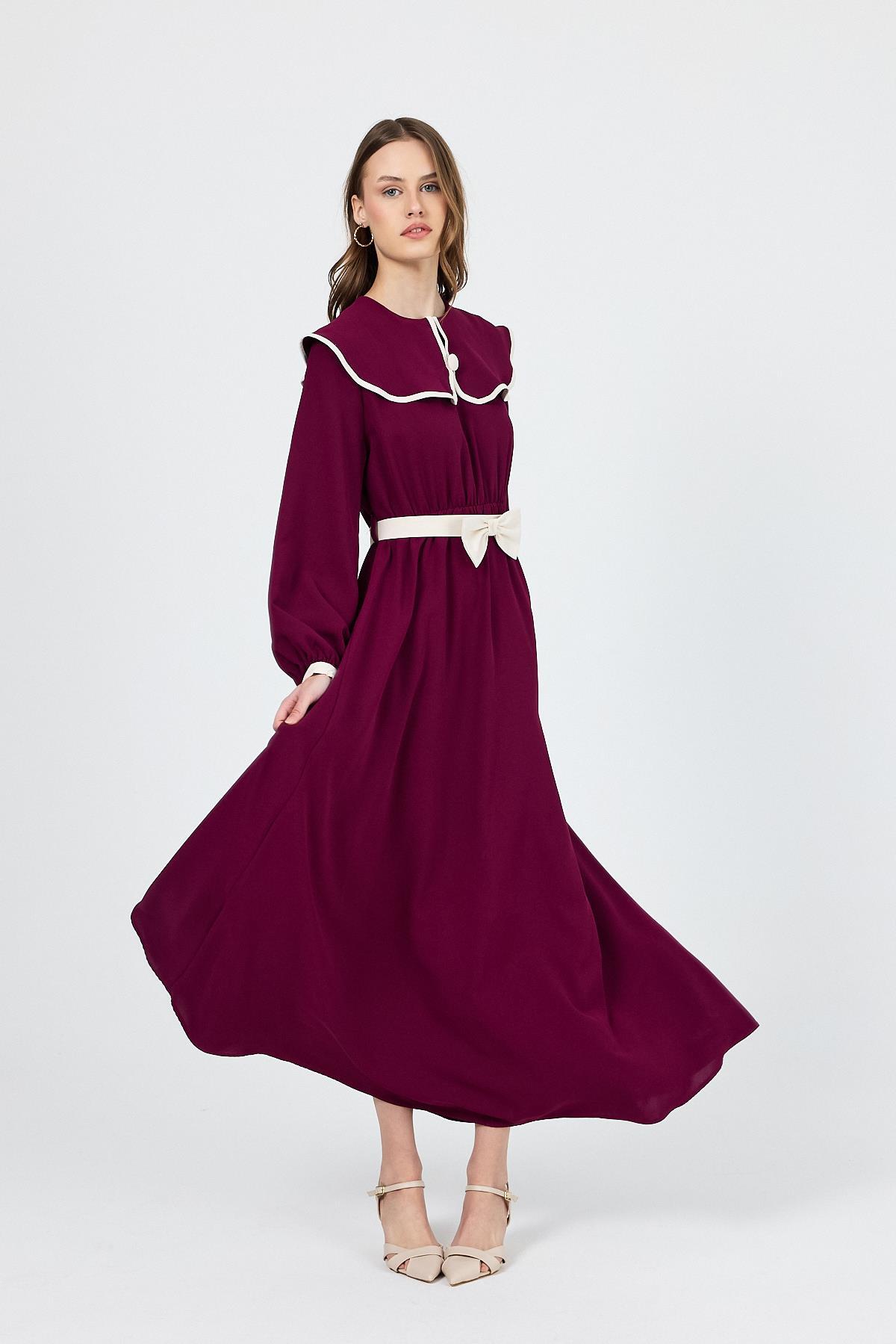 Bordo Biye Detaylı Bebe Yaka Elbise 4413A - 2