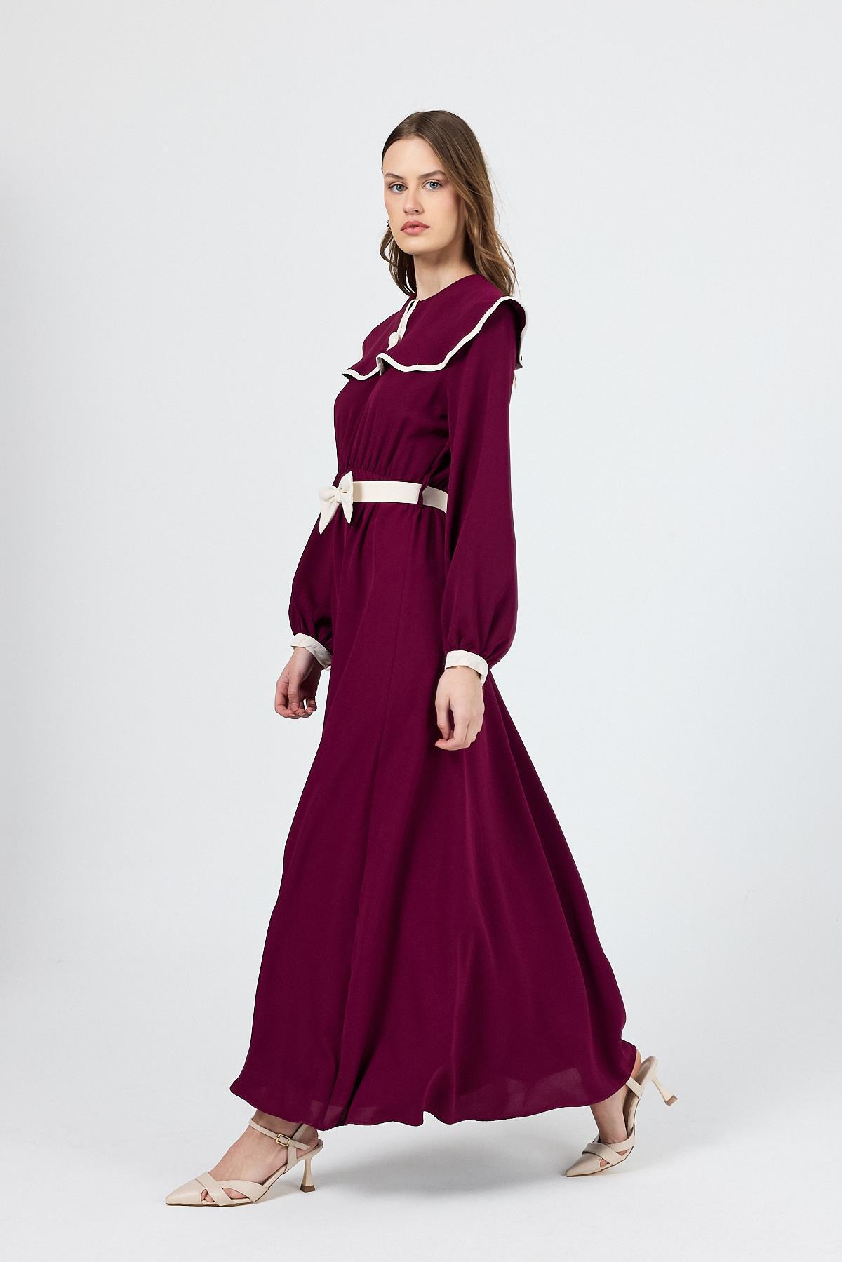 Bordo Biye Detaylı Bebe Yaka Elbise 4413A - 3