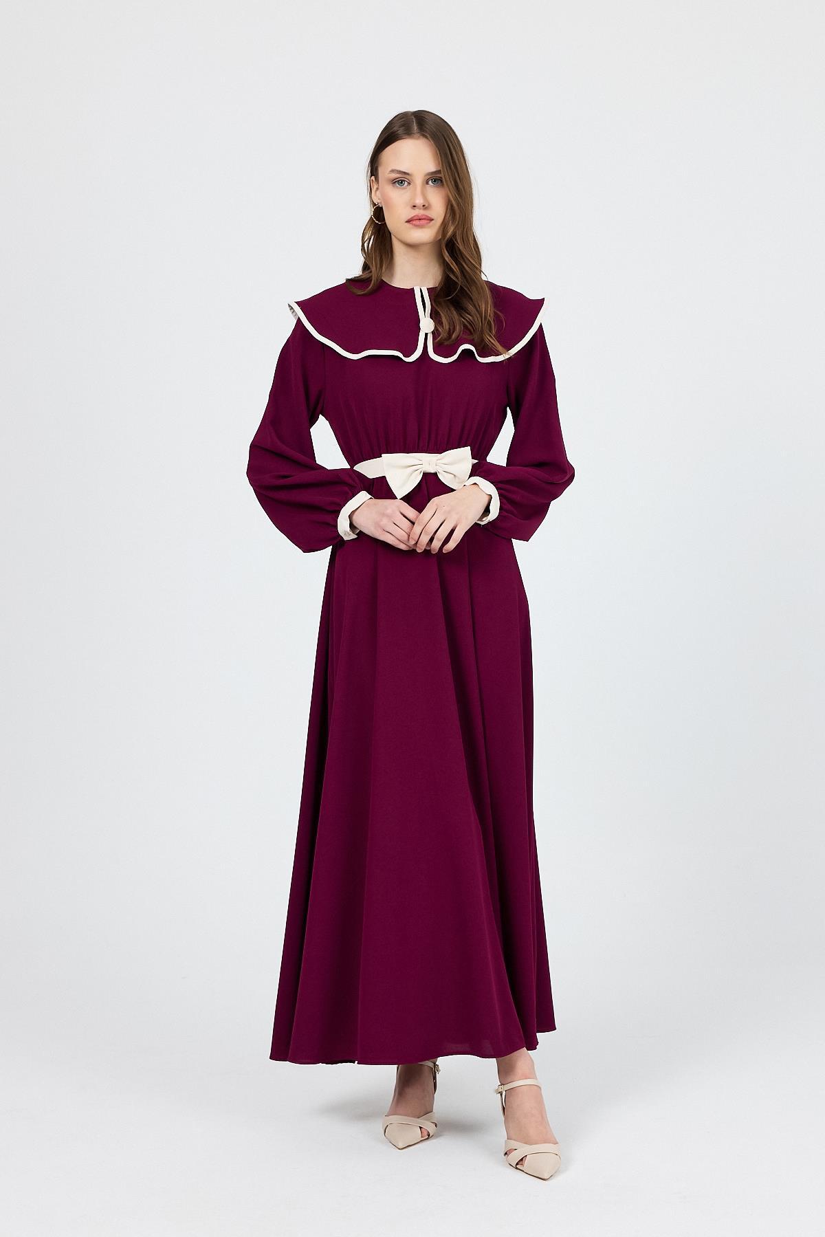 Bordo Biye Detaylı Bebe Yaka Elbise 4413A - 8