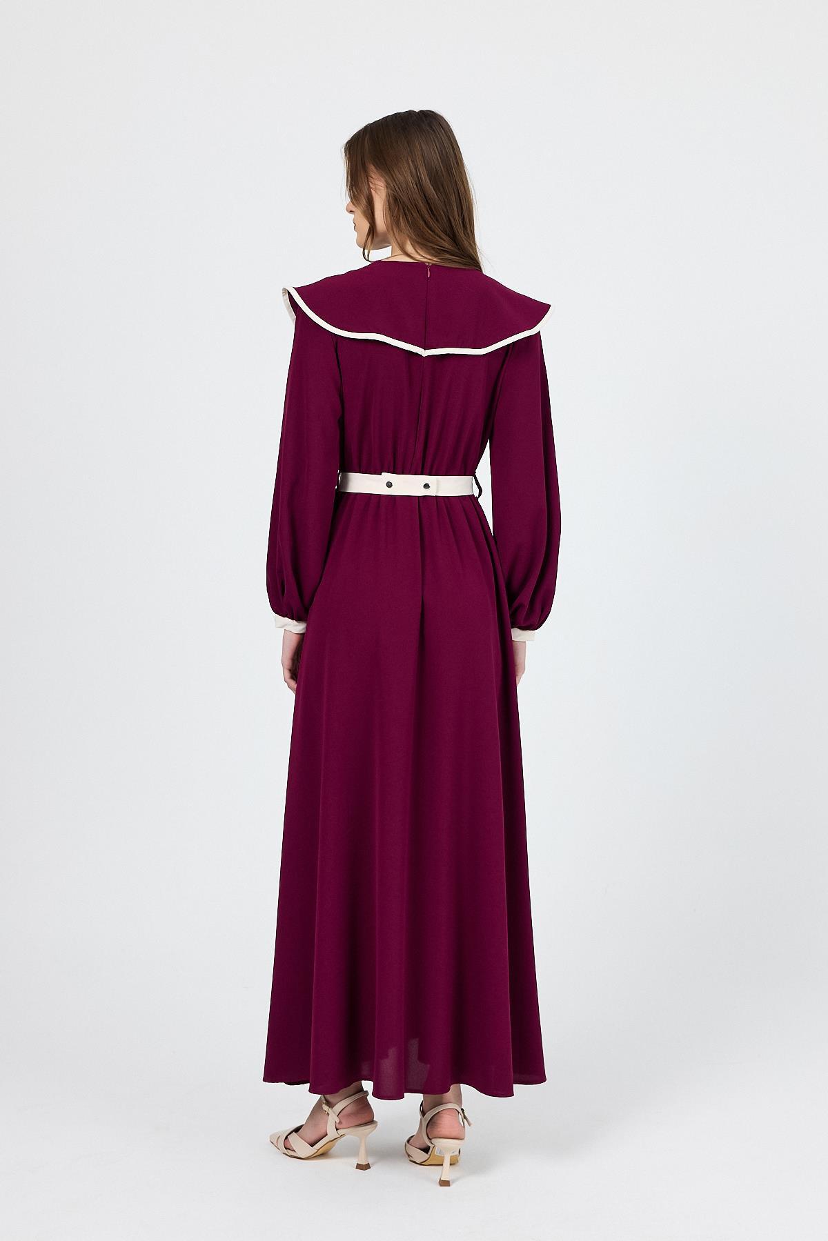 Bordo Biye Detaylı Bebe Yaka Elbise 4413A - 5