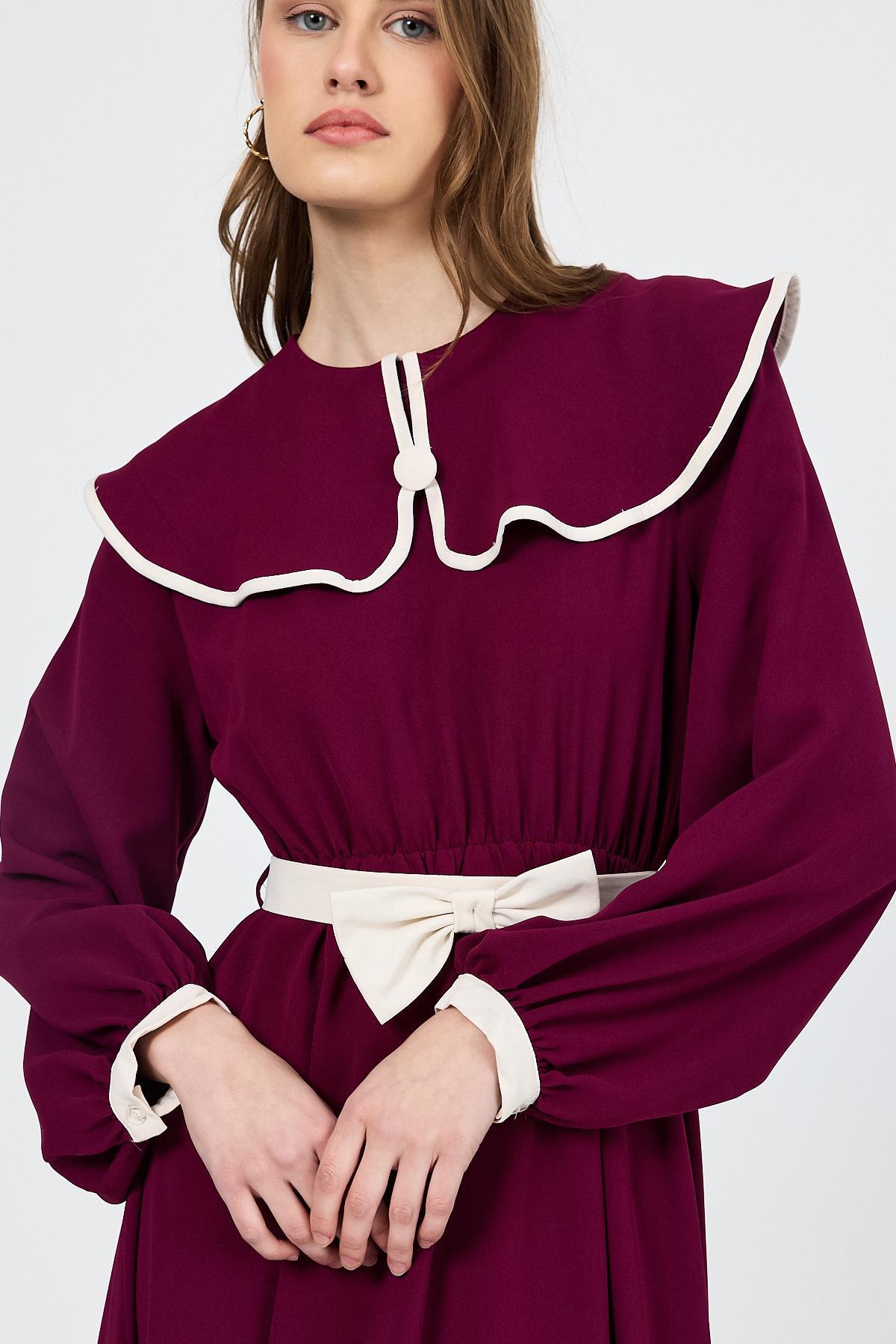 Bordo Biye Detaylı Bebe Yaka Elbise 4413A - RAYS