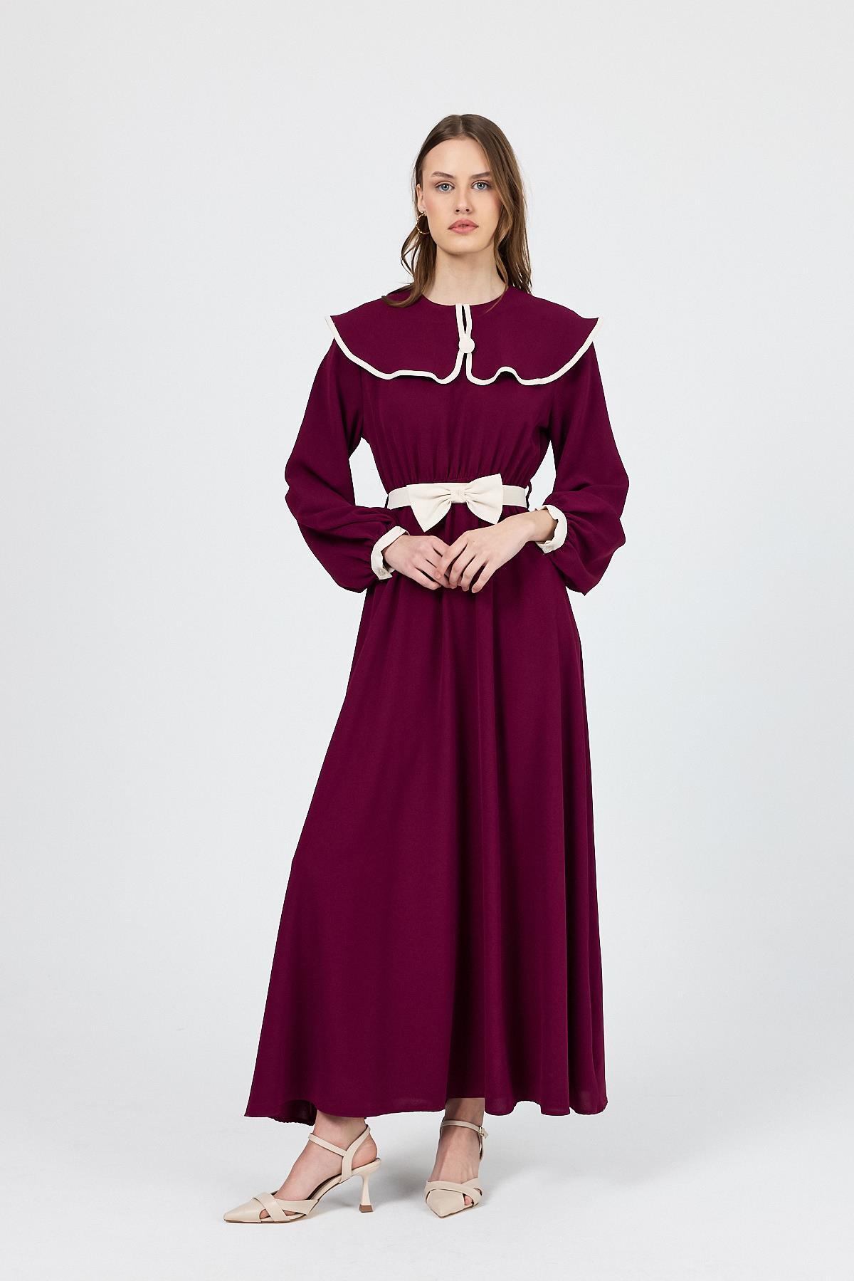 Bordo Biye Detaylı Bebe Yaka Elbise 4413A - 1