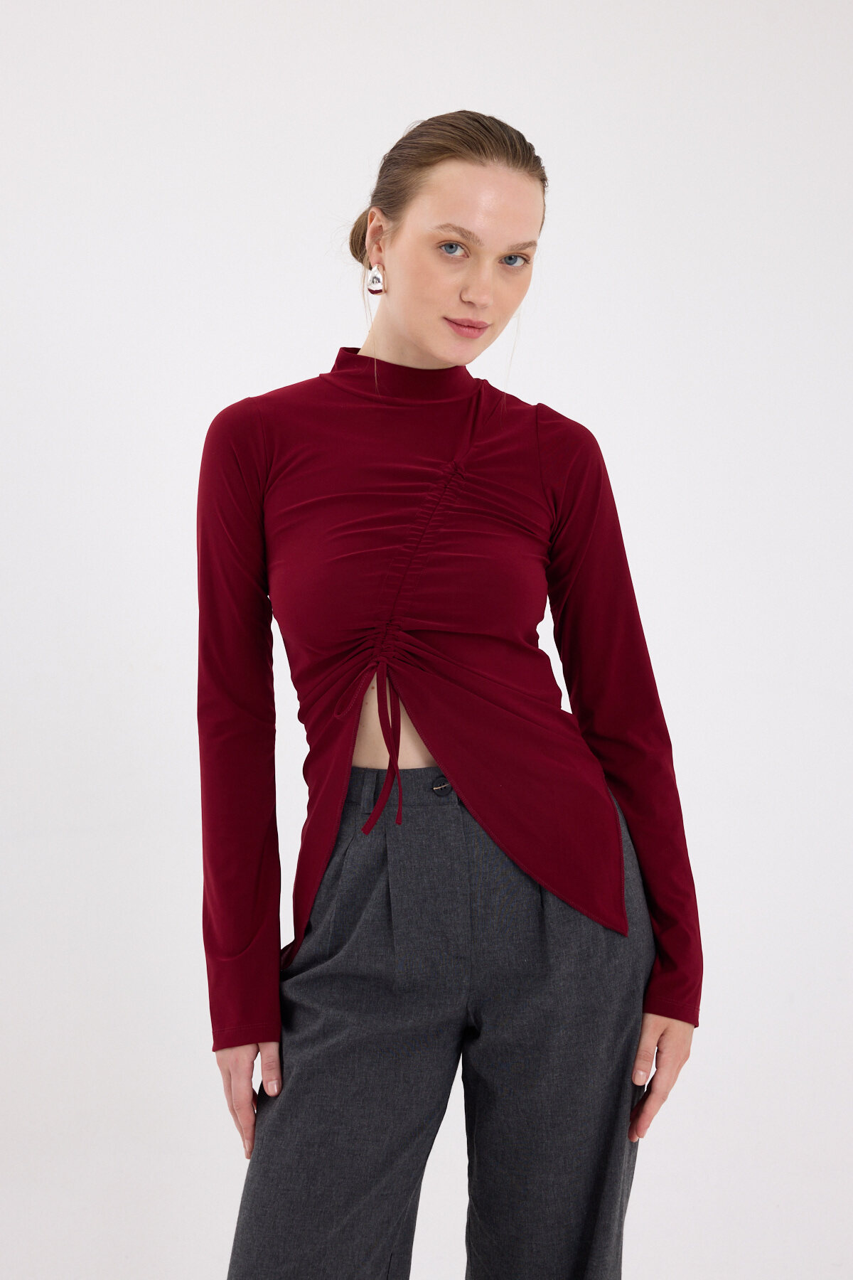 Bordo Büzgü Detaylı Balıkçı Yaka Bluz 2458 - 1