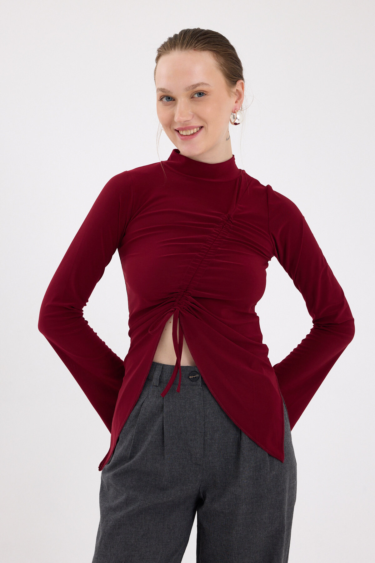 Bordo Büzgü Detaylı Balıkçı Yaka Bluz 2458 - 2