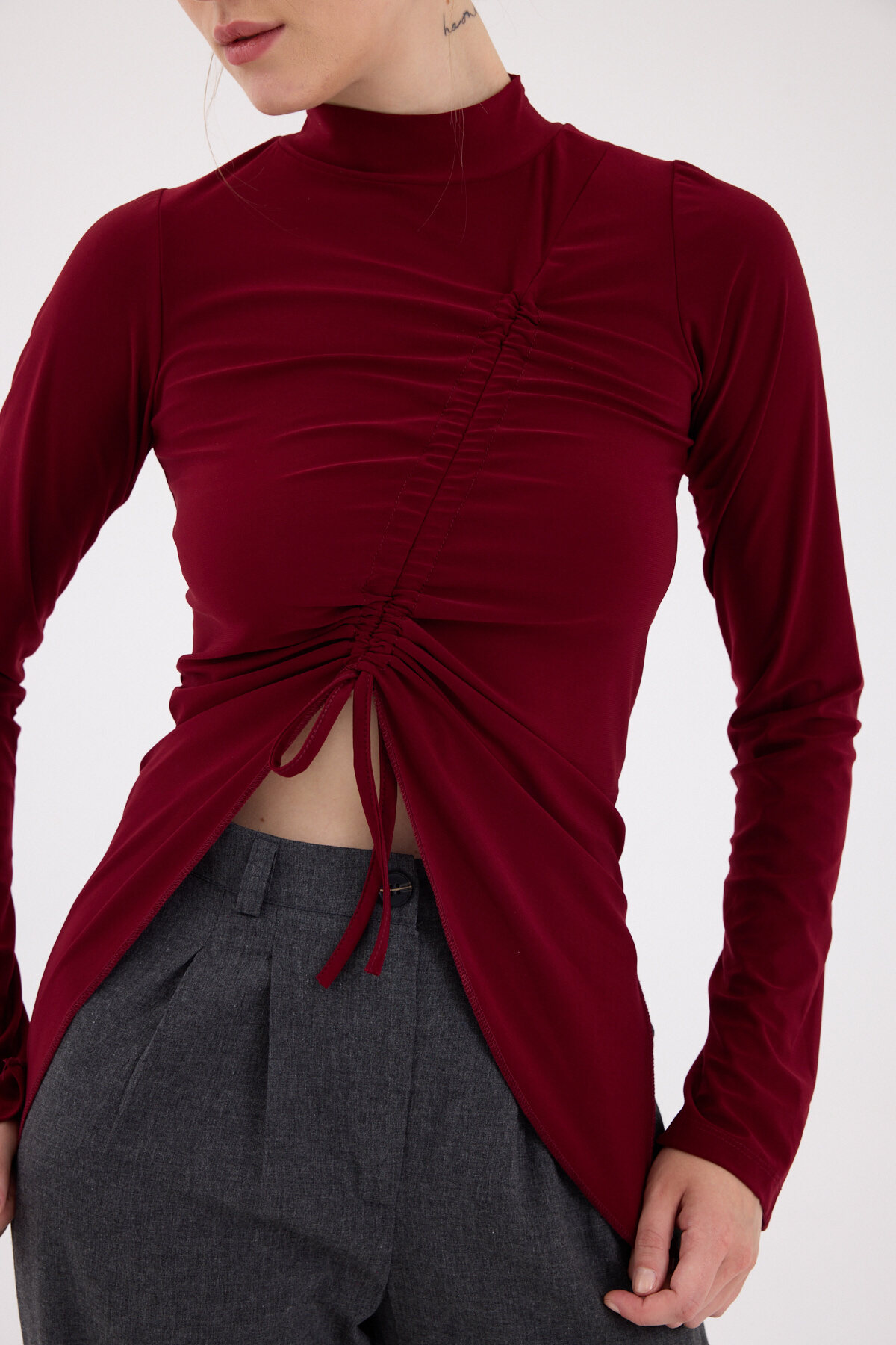 Bordo Büzgü Detaylı Balıkçı Yaka Bluz 2458 - 4