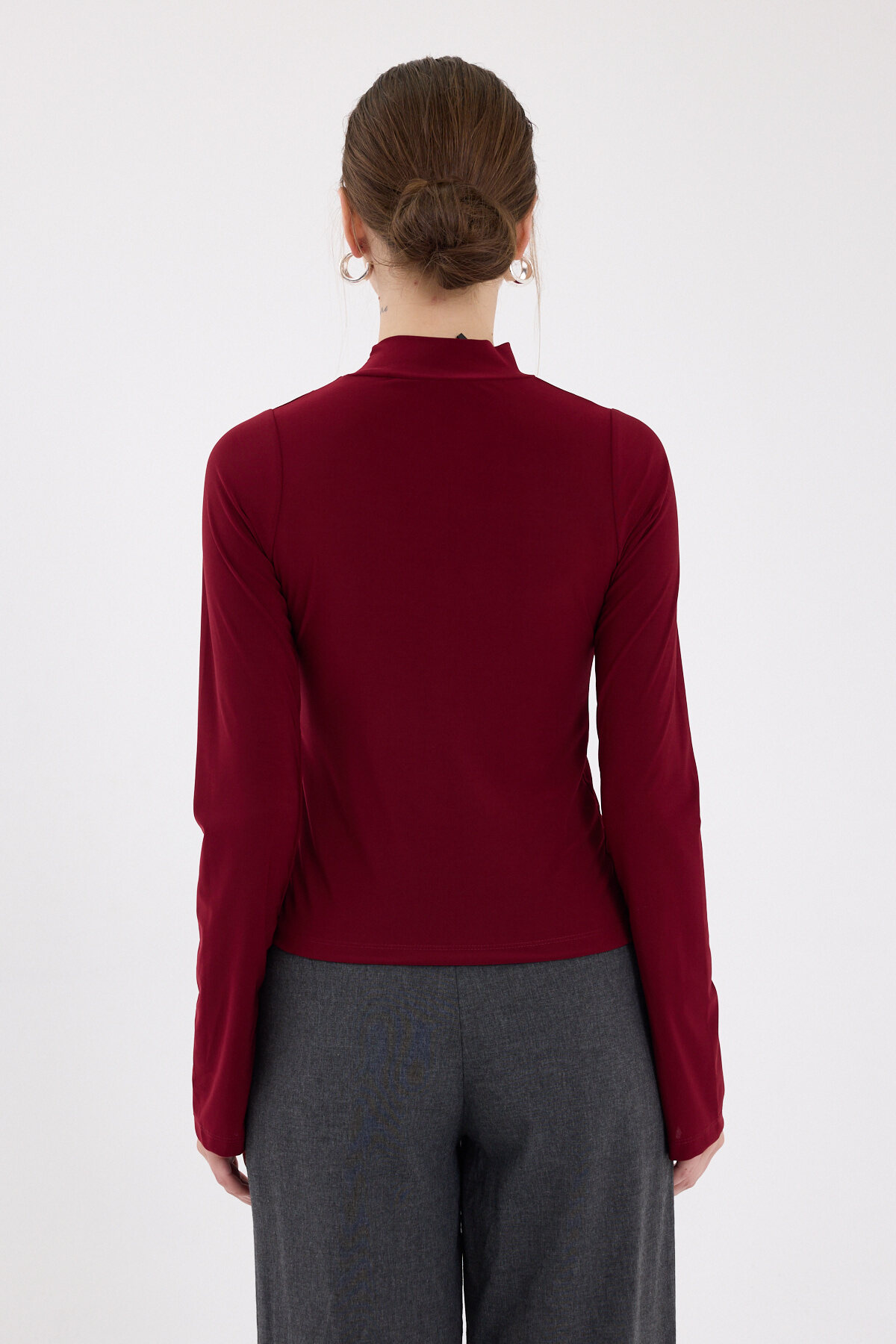 Bordo Büzgü Detaylı Balıkçı Yaka Bluz 2458 - 5