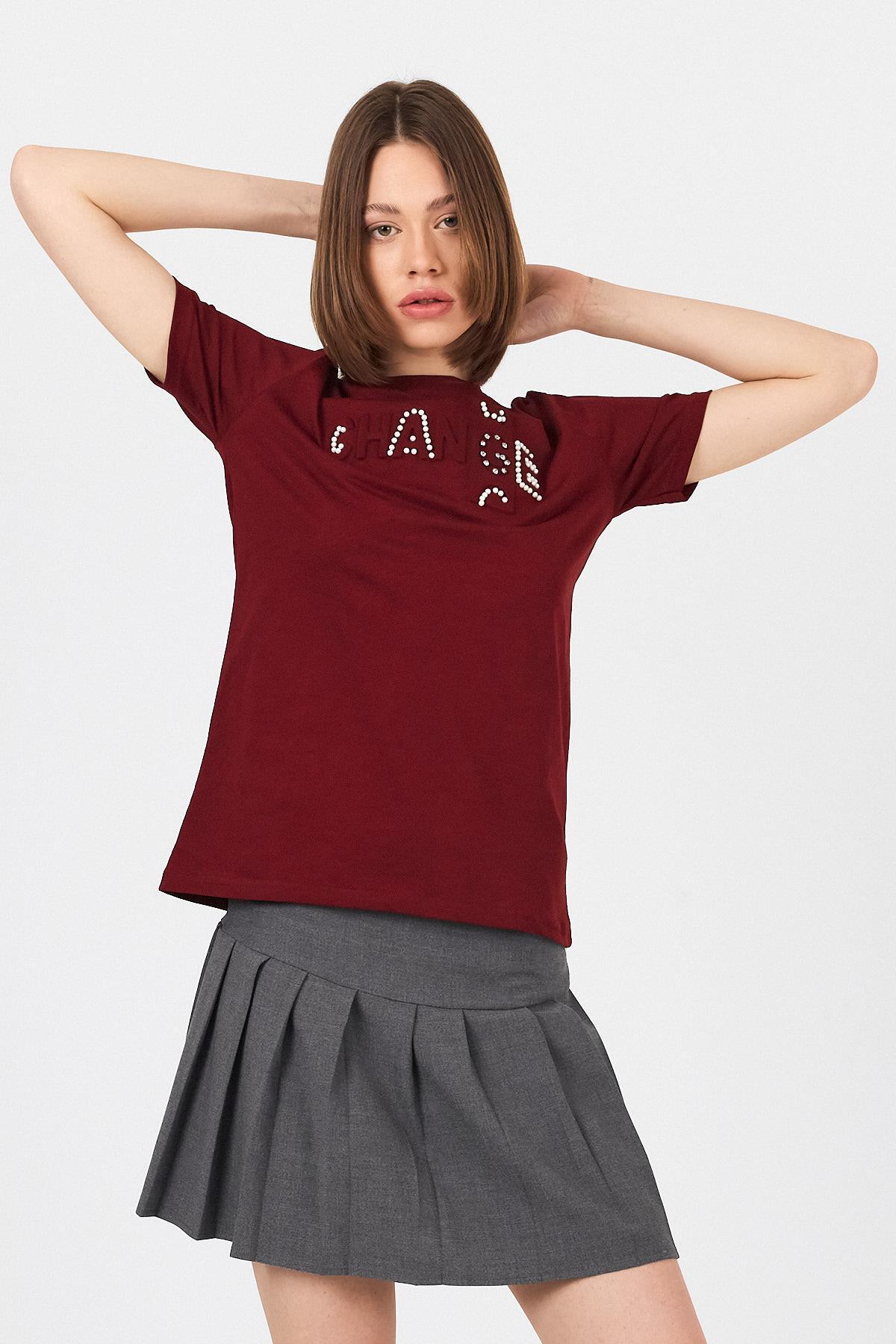 Bordo Change Yazı Kabartmalı Tişört 25227 - 7