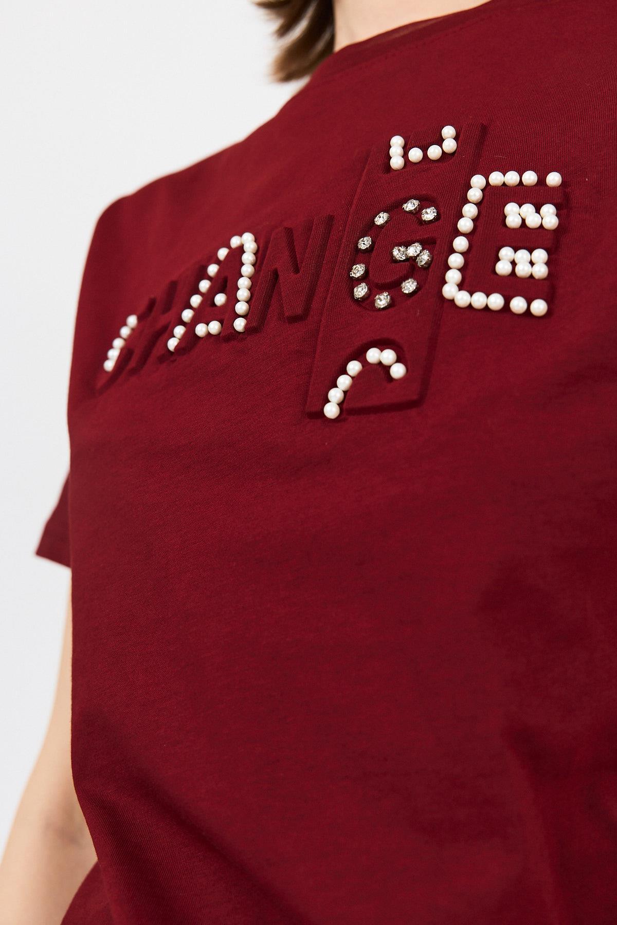 Bordo Change Yazı Kabartmalı Tişört 25227 - RAYS