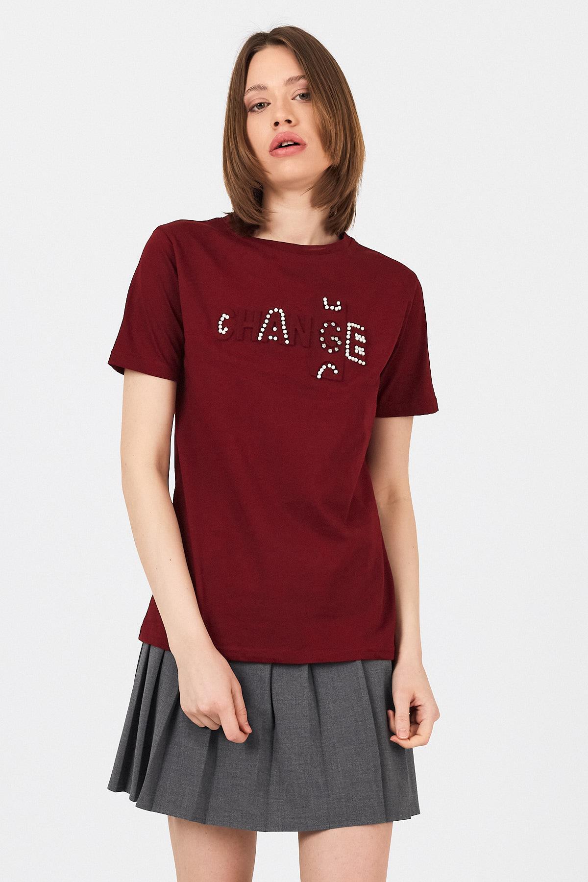 Bordo Change Yazı Kabartmalı Tişört 25227 