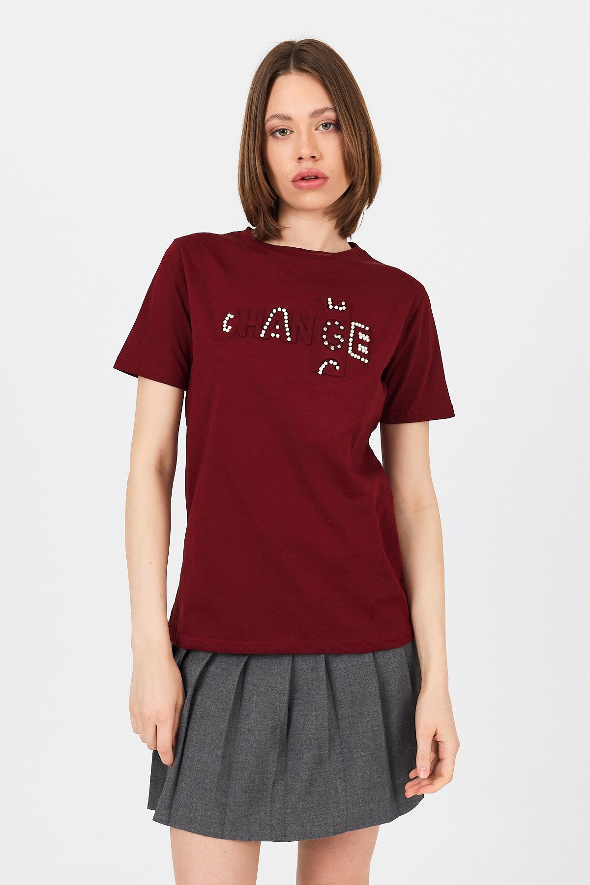Bordo Change Yazı Kabartmalı Tişört 25227 - RAYS